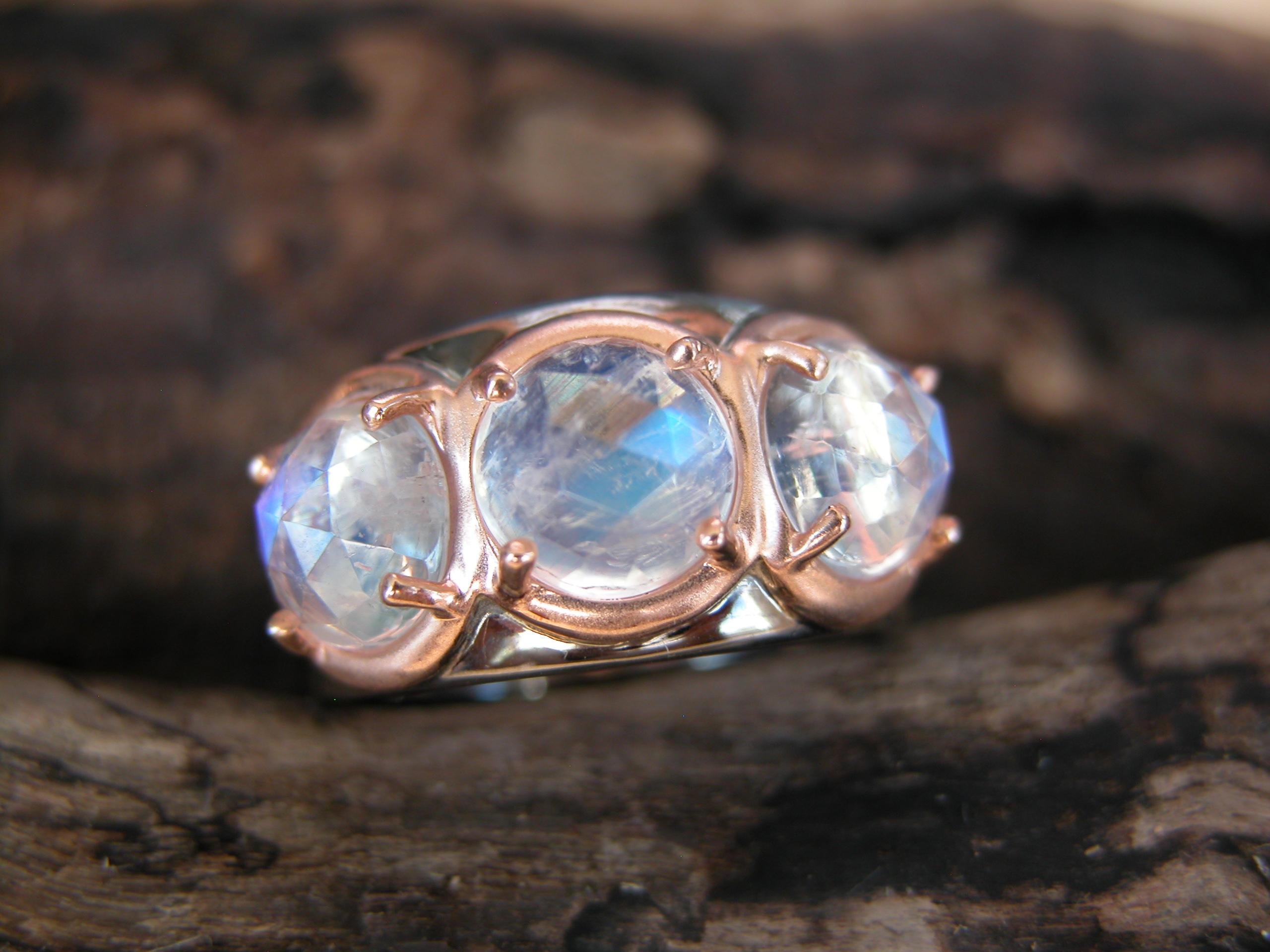 Rose Gold & Sterling Silver Wide Band Ring with Rose Cut Moonstones In New Condition For Sale In Weehawken, NJ