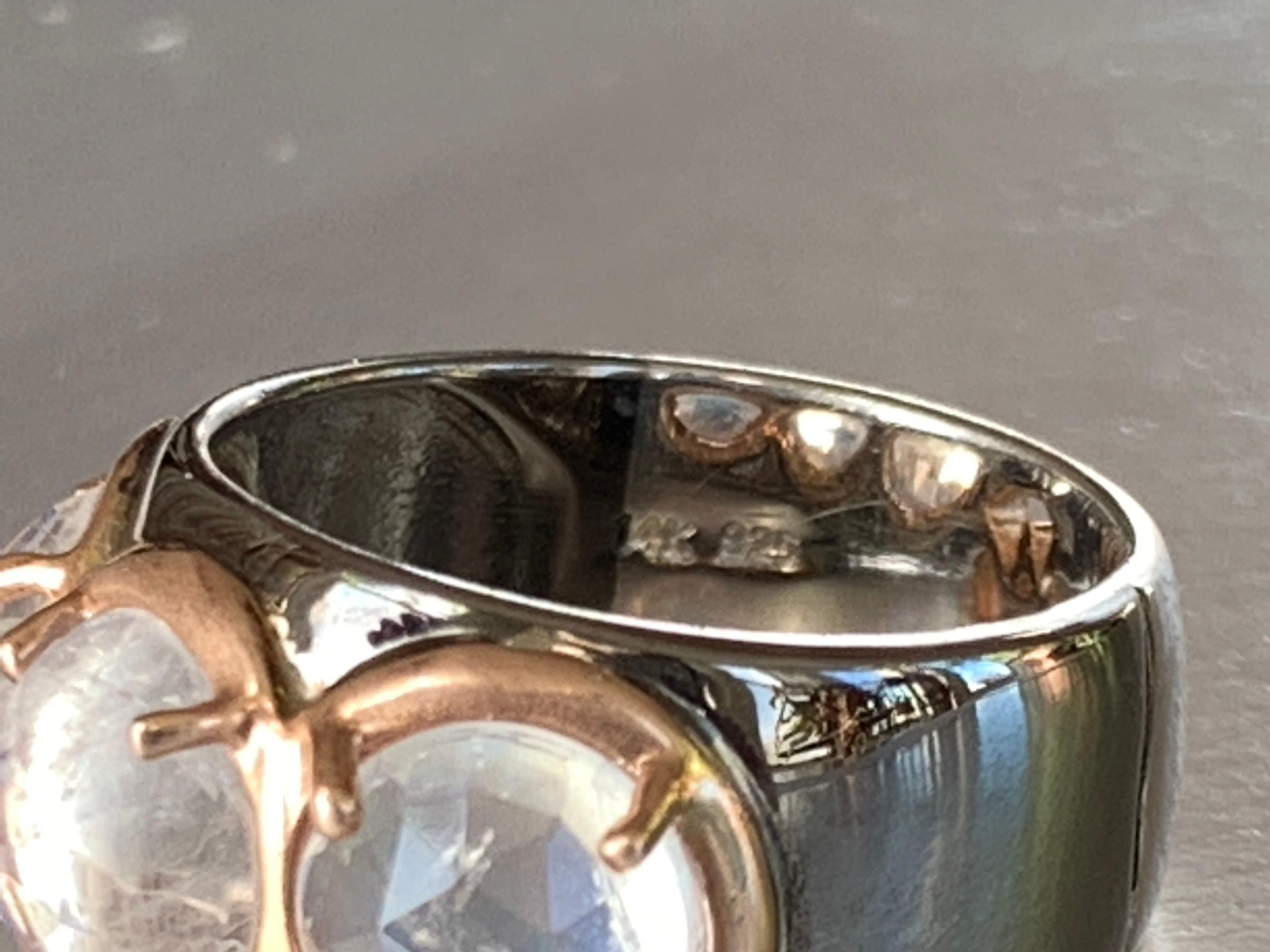 Women's or Men's Rose Gold & Sterling Silver Wide Band Ring with Rose Cut Moonstones For Sale