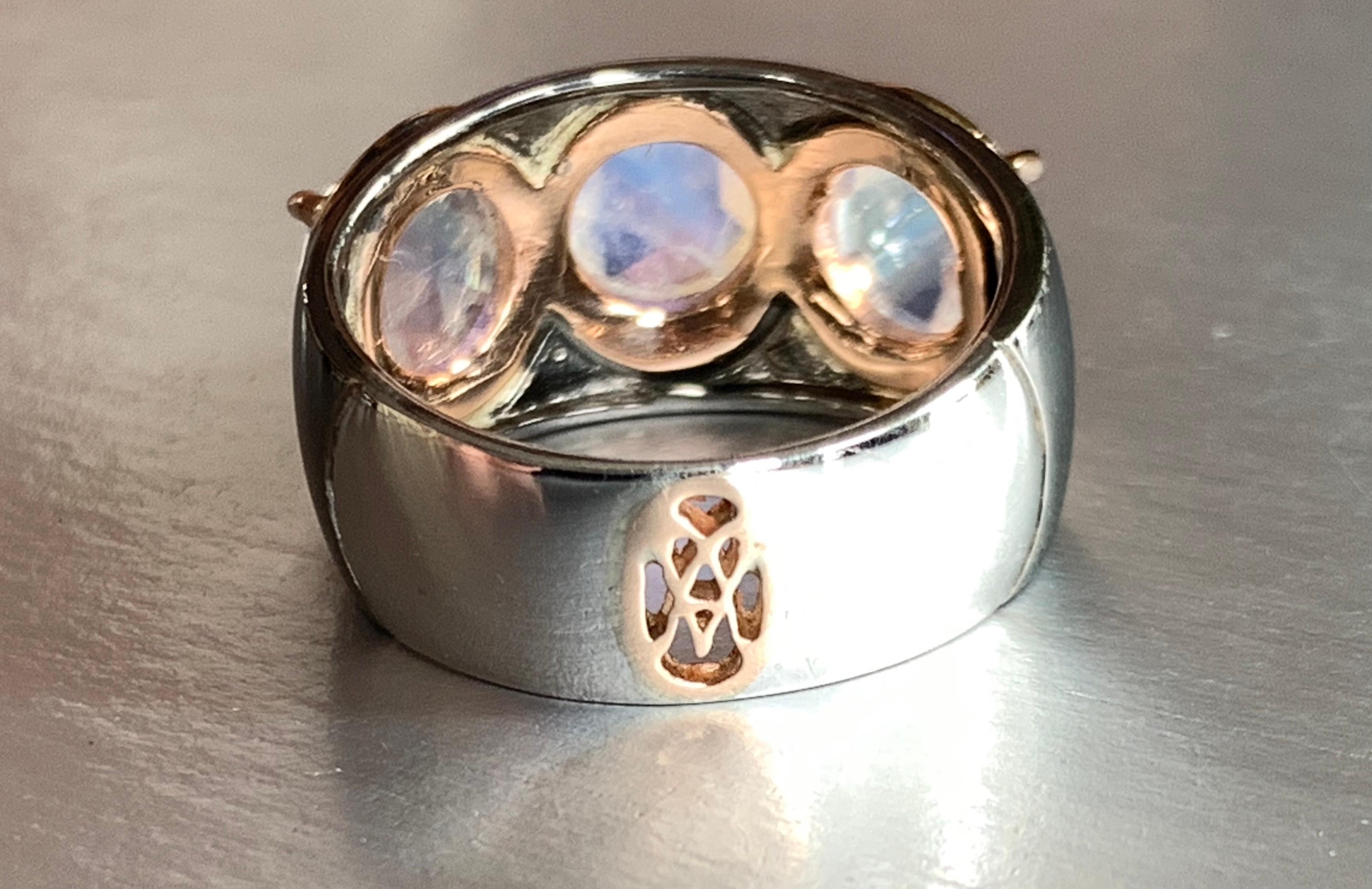 Rose Gold & Sterling Silver Wide Band Ring with Rose Cut Moonstones For Sale 1