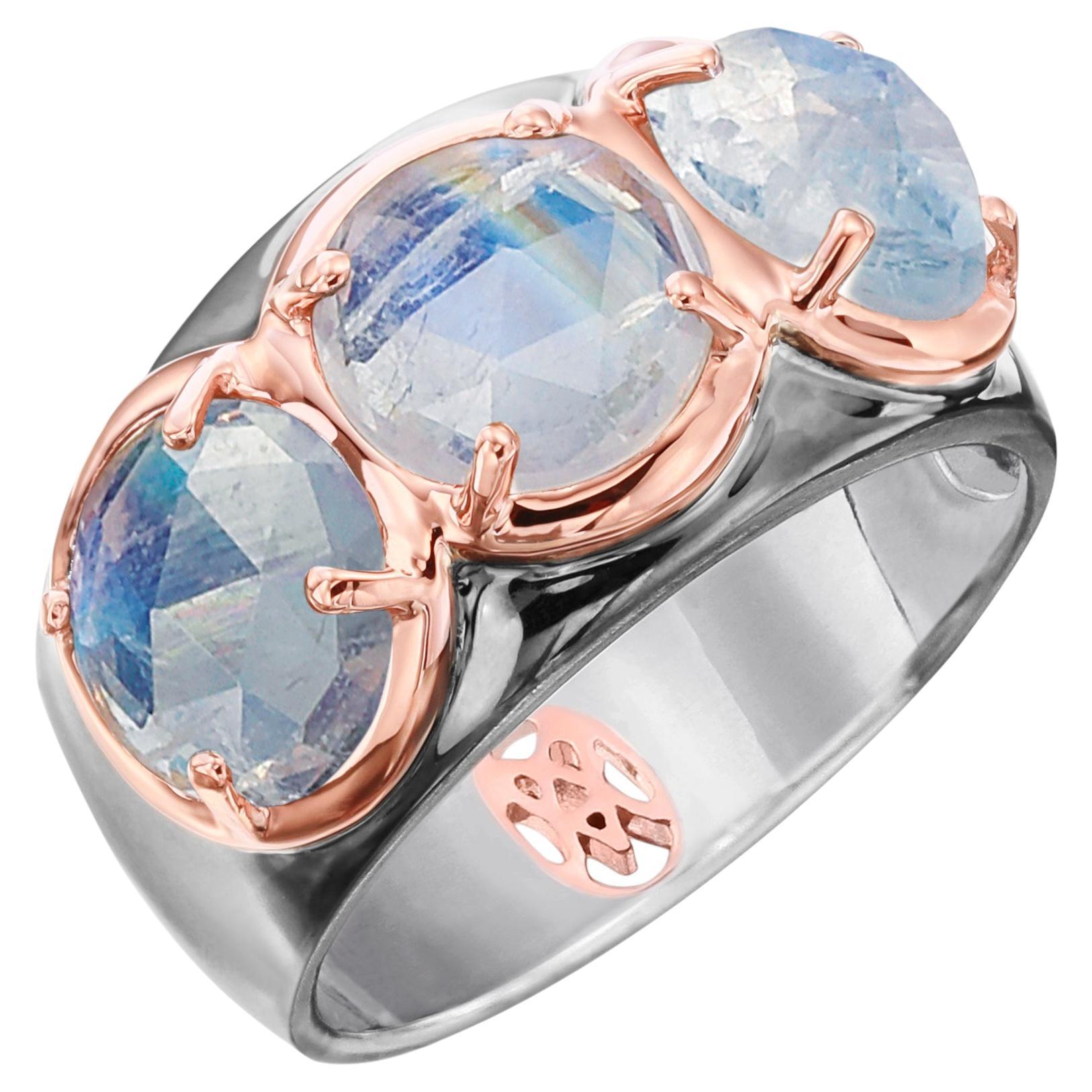 Rose Gold & Sterling Silver Wide Band Ring with Rose Cut Moonstones