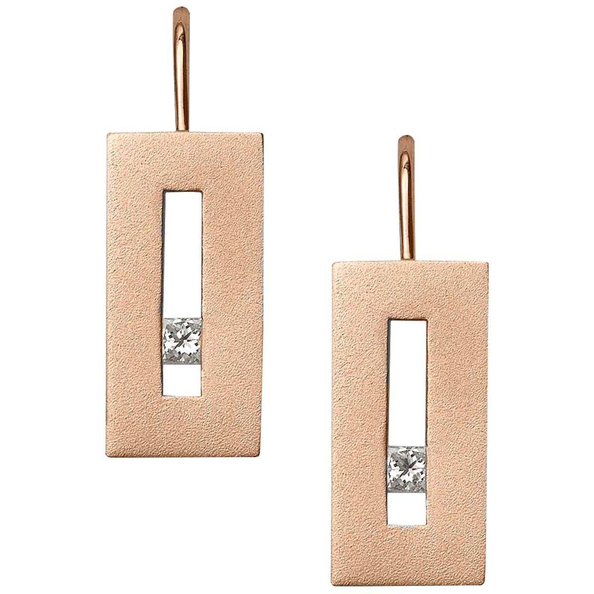 Diamond in Rose Gold Suspended Rectangle Earrings For Sale