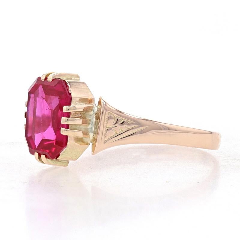 Emerald Cut Rose Gold Synthetic Ruby Edwardian Solitaire Ring - 10k Emerald 1.60ct Antique For Sale