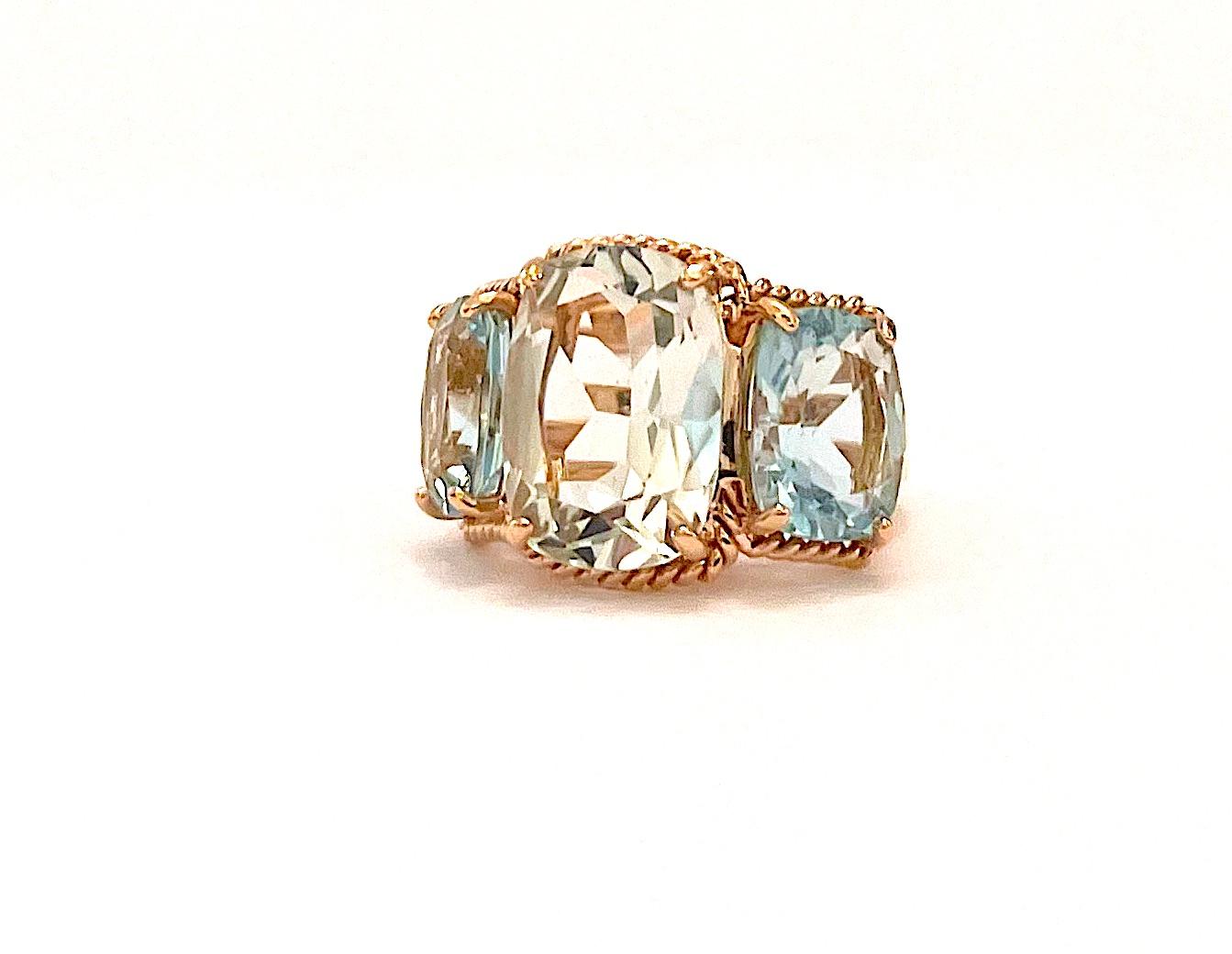 Rose Gold Three-Stone Green Amethyst and Blue Topaz Ring with Rope Twist Border For Sale 4