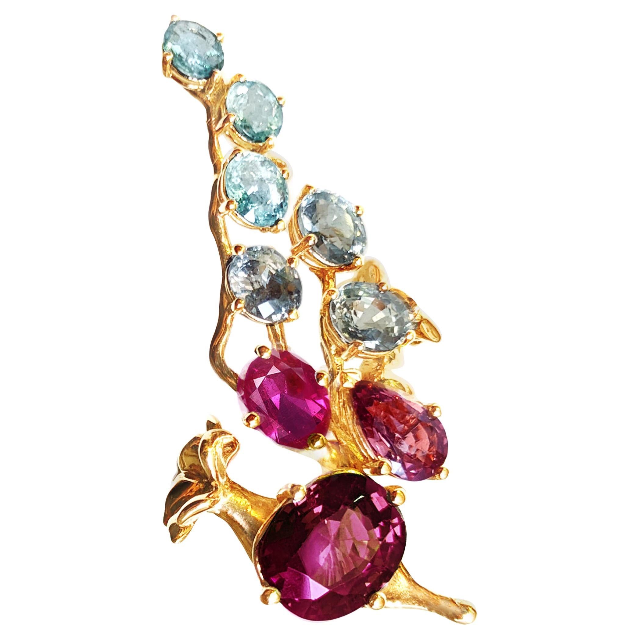 Rose Gold Tobacco Brooch with GRS Certified Pigeon's Blood Ruby and Sapphires