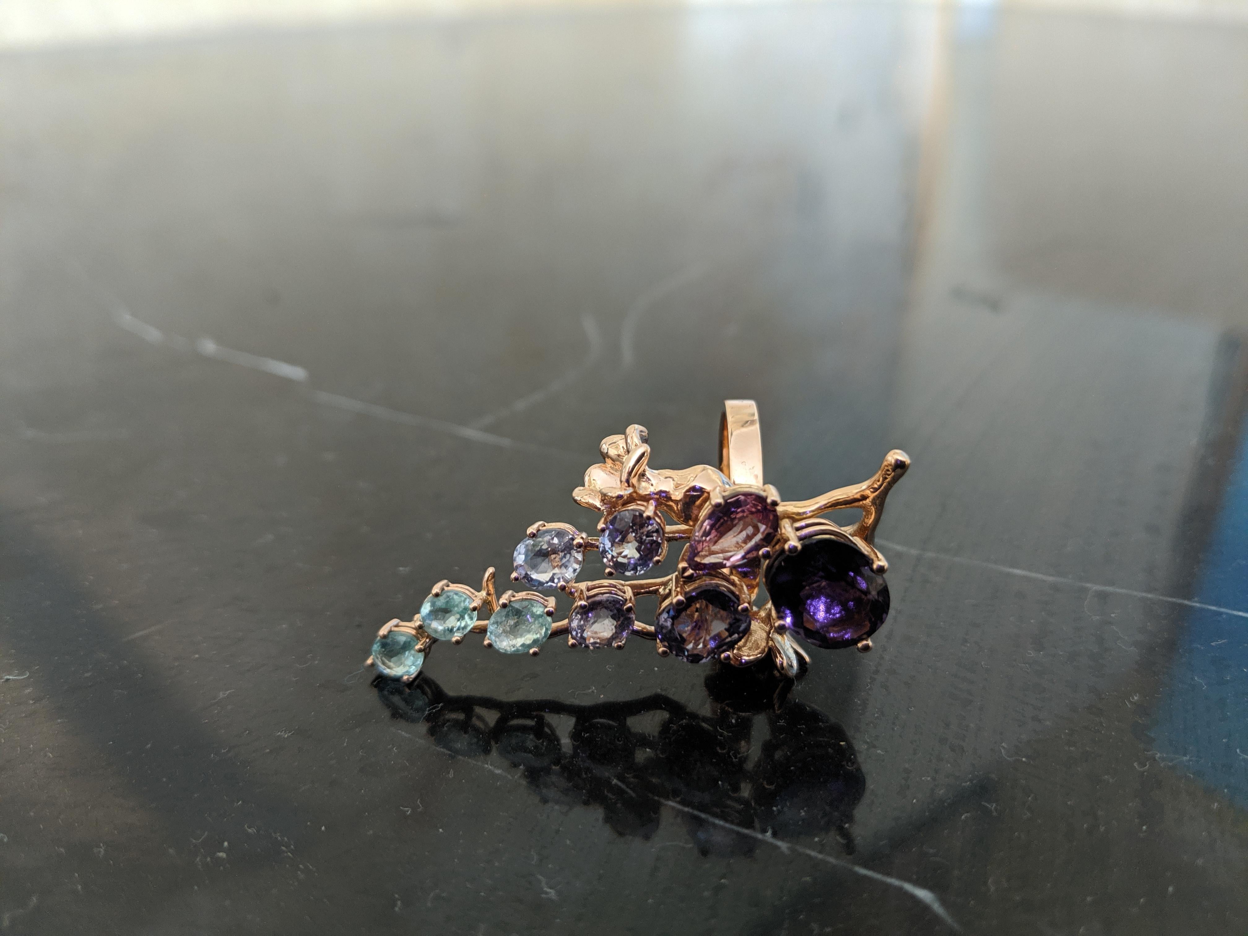 Rose Gold Tobacco Cocktail Ring with Sapphires, Spinels and Paraiba Tourmalines For Sale 4