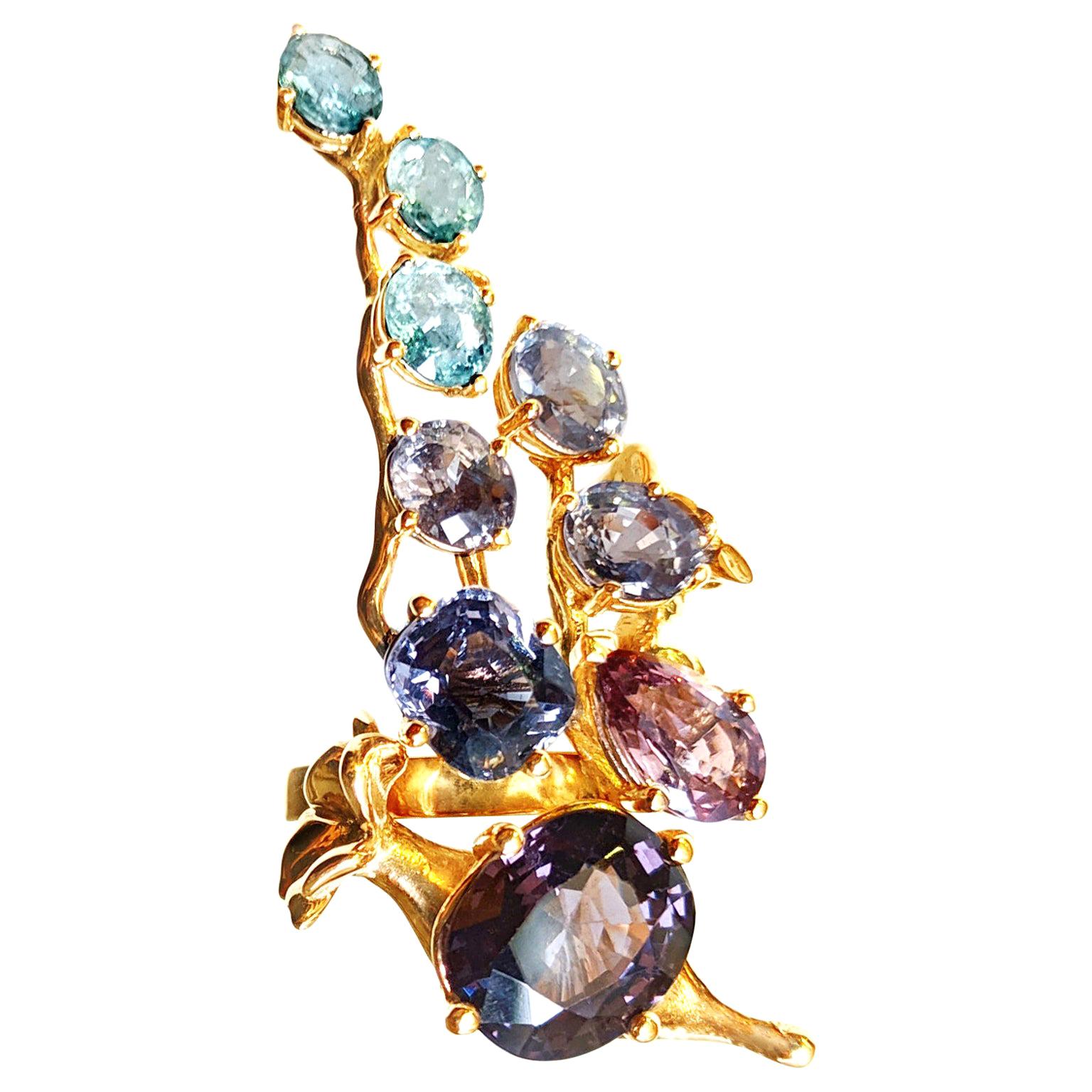 Rose Gold Tobacco Contemporary Brooch with Sapphires and Paraiba Tourmalines For Sale