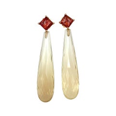 Rose Gold Tourmaline Square Cabochons and Citrine Briolette Drop Earrings