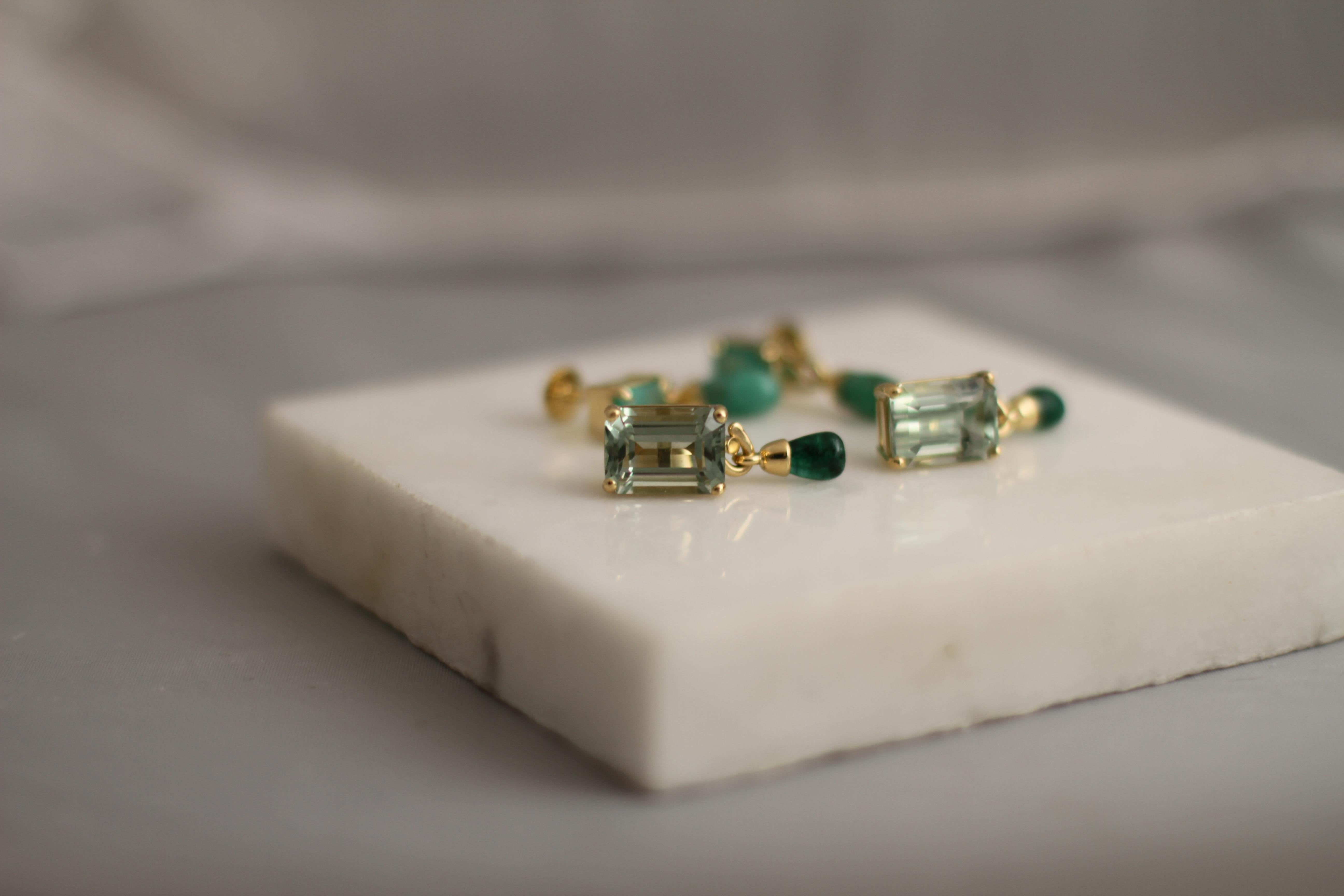 Rose Gold Transformer Stud Drop Earrings with Mint Quartz and Amethysts For Sale 10