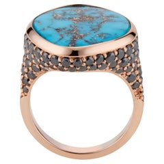 Rose Gold, Turquoise and Black Diamond Ring, Morenci Turquoise by Harlin Jones