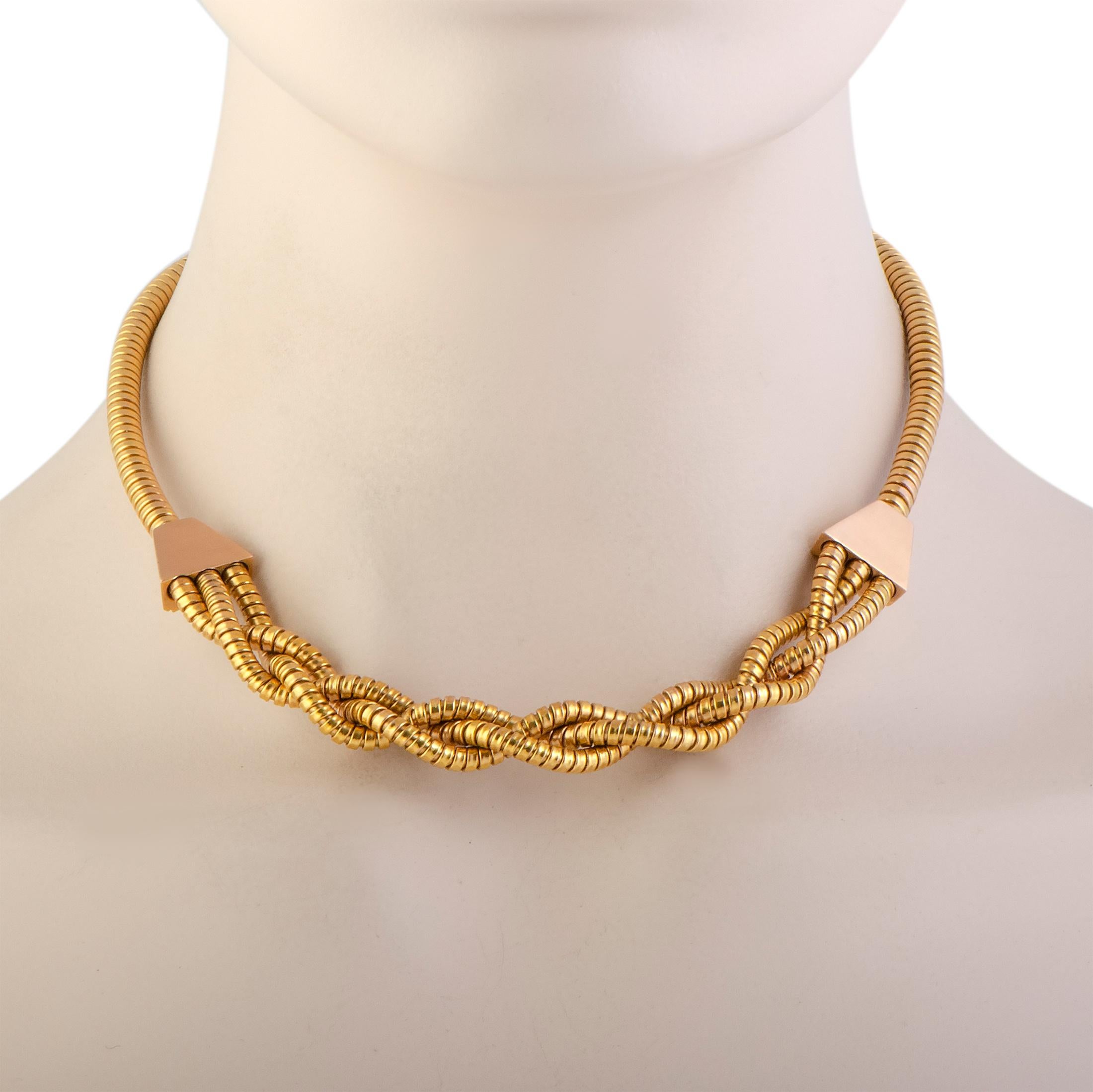 A compellingly intricate design is beautifully presented in ever-alluring gold in this stunning necklace that boasts an incredibly fashionable appeal. The necklace is masterfully crafted from 18K rose gold and it weighs 53.6 grams.