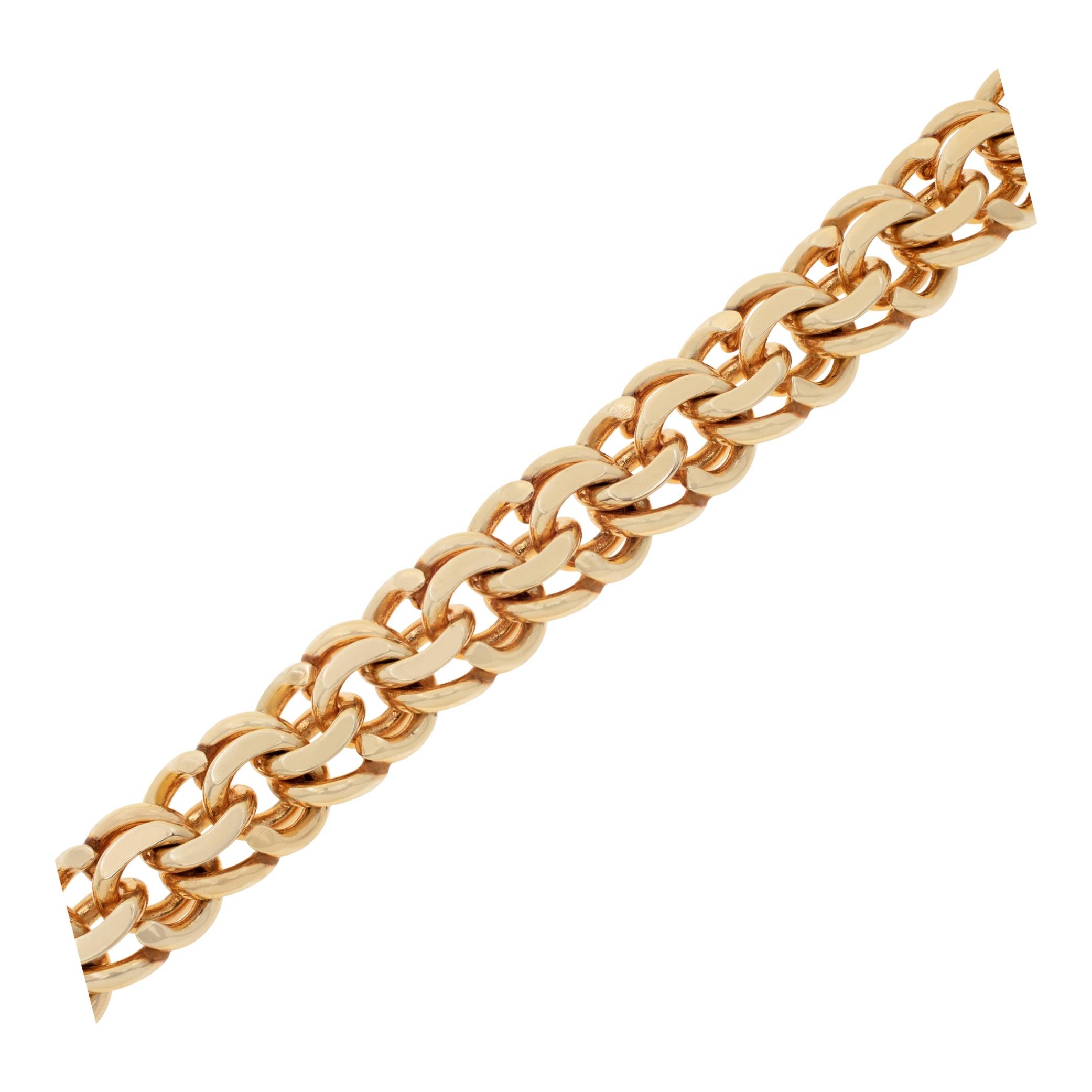 Unisex 14k rose gold intricate chain bracelet for wrists up to 7.5 inches; width 9mm. Engraved with name 
