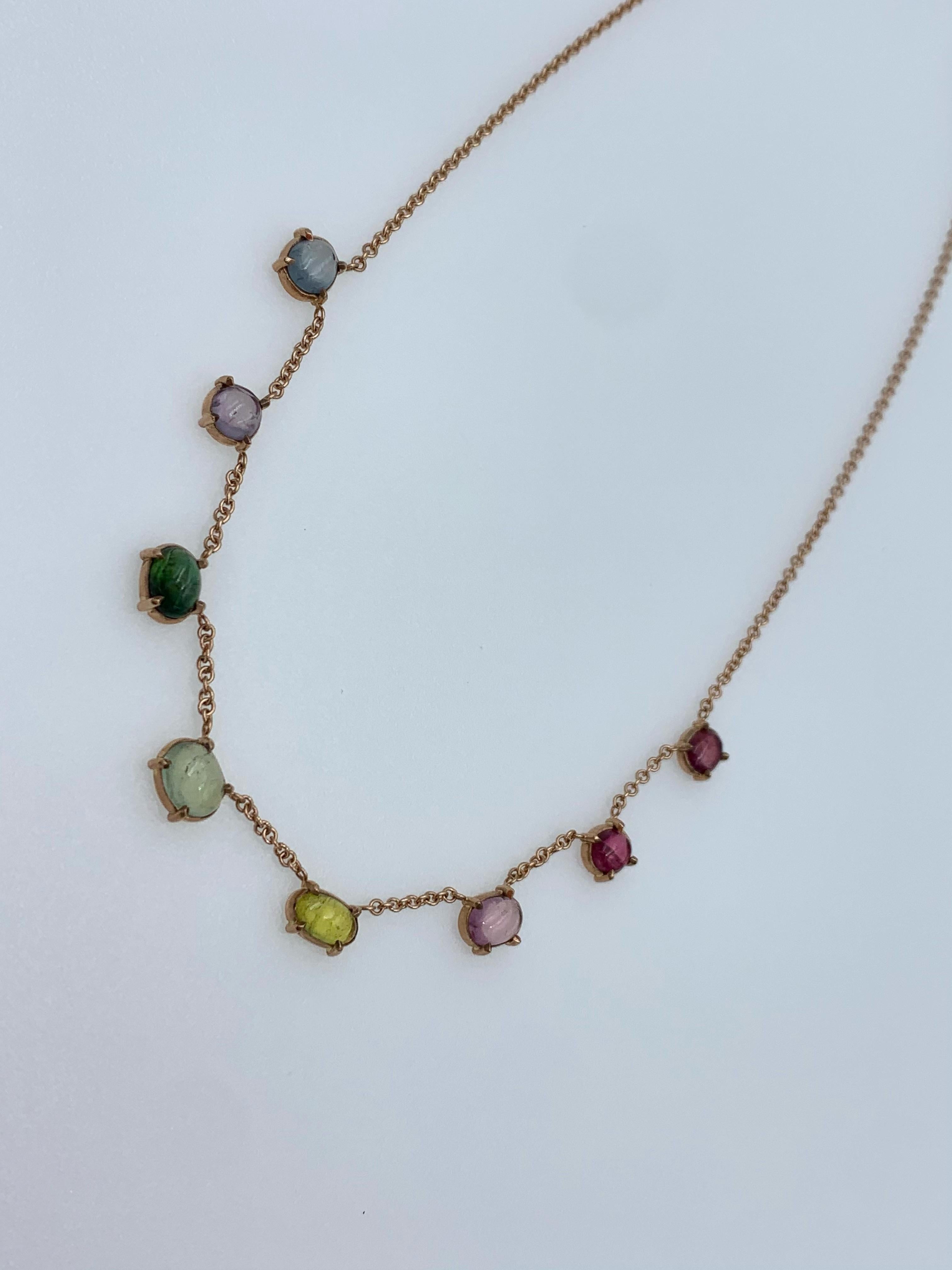 Hand made 9 karat Rose gold 8 stone varied rainbow (indigo, lilac, dark green, light green, yellow, pink, red and burgundy) Tourmaline and Spinel chain choker necklace which can be worn at two lengths 16/15 inch depending on and easily used for