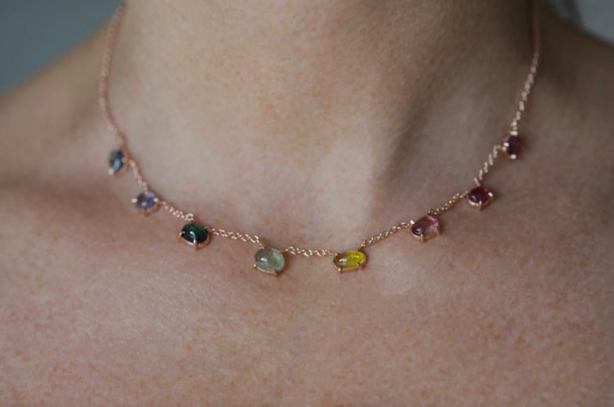 Contemporary Rose Gold Varied Rainbow Tourmaline and Spinel Cabochon Chain Choker Necklace For Sale