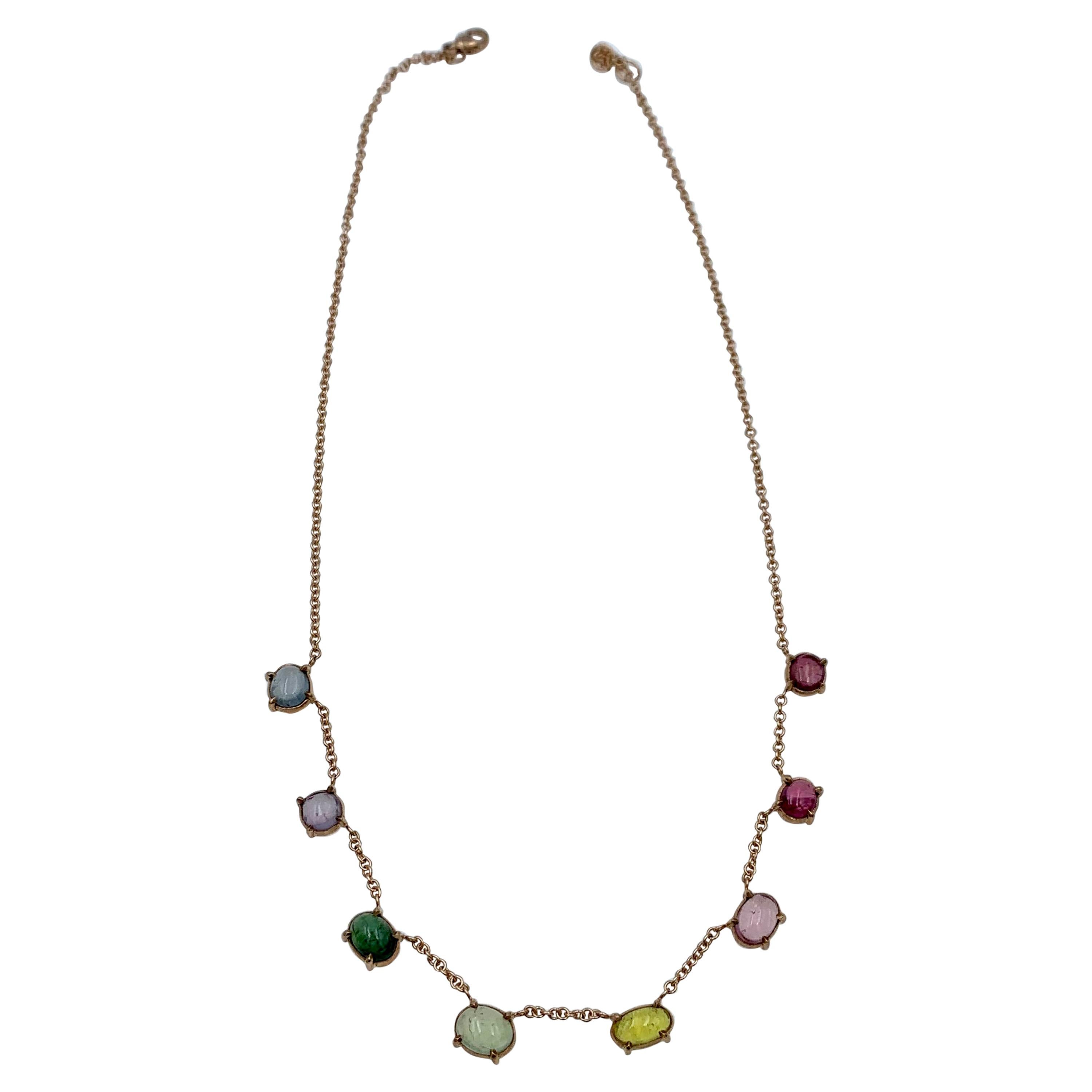 Rose Gold Varied Rainbow Tourmaline and Spinel Cabochon Chain Choker Necklace For Sale