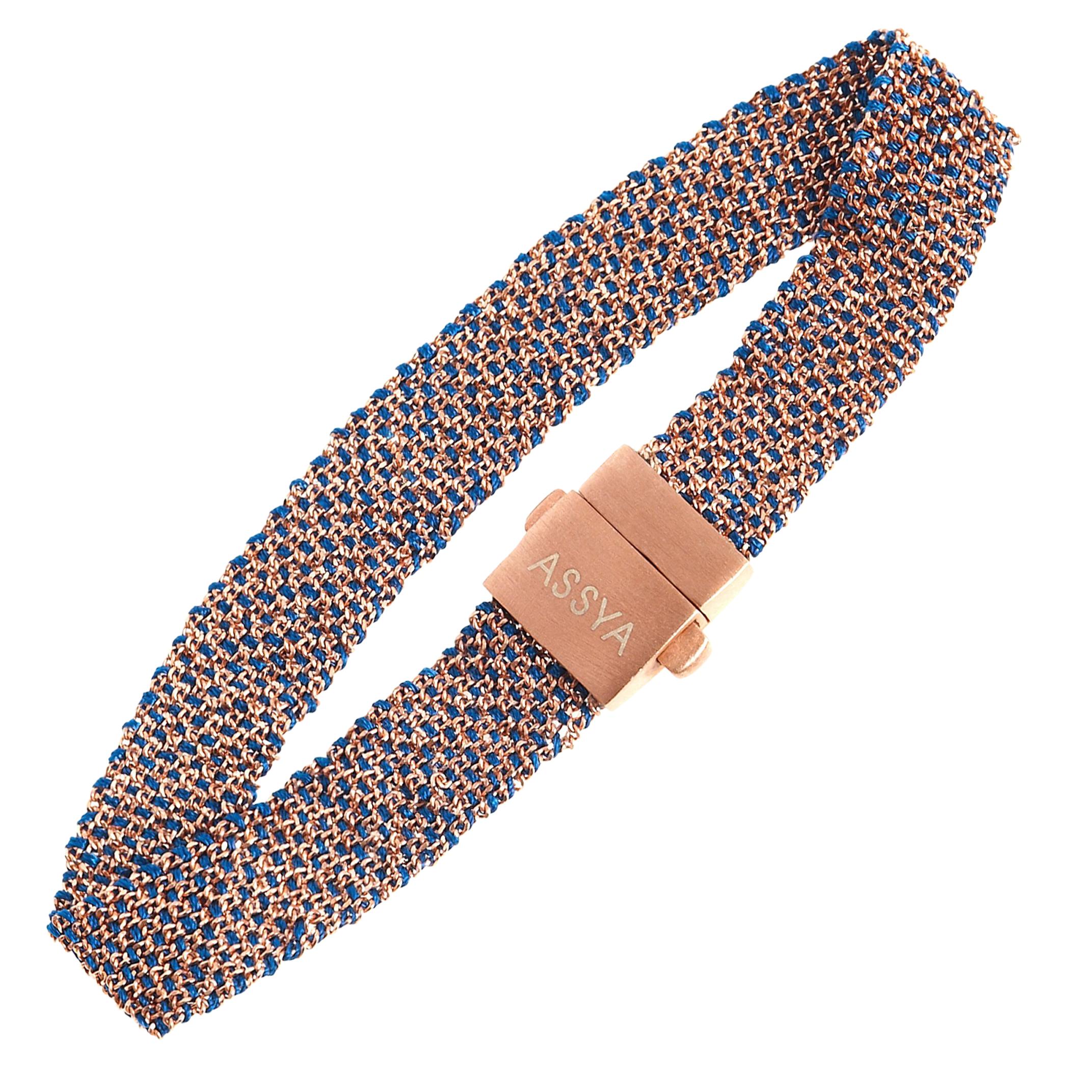 Rose Gold Vermeil and Blue Silk Weaved Bracelet For Sale
