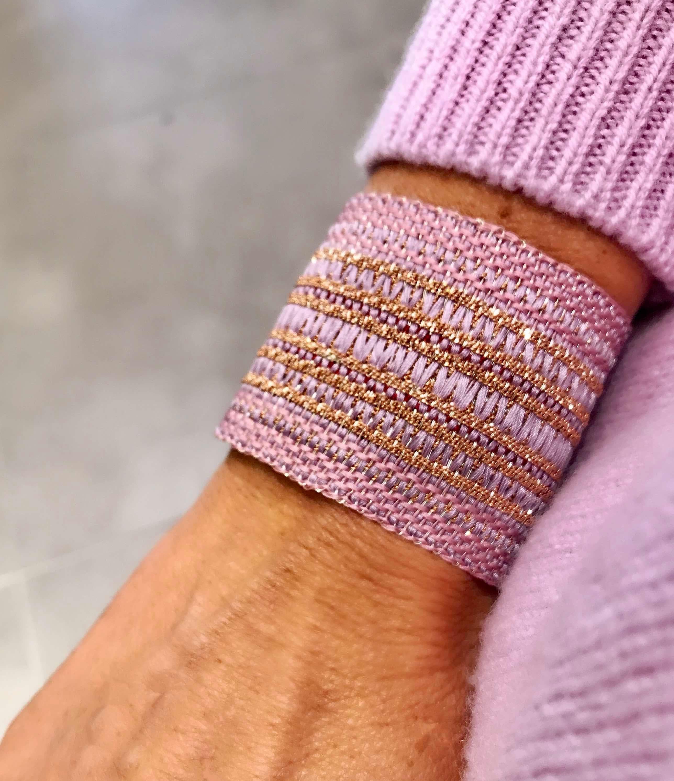 Women's Rose Gold Vermeil and Pink & Lilac Silk Cuff Bracelet For Sale
