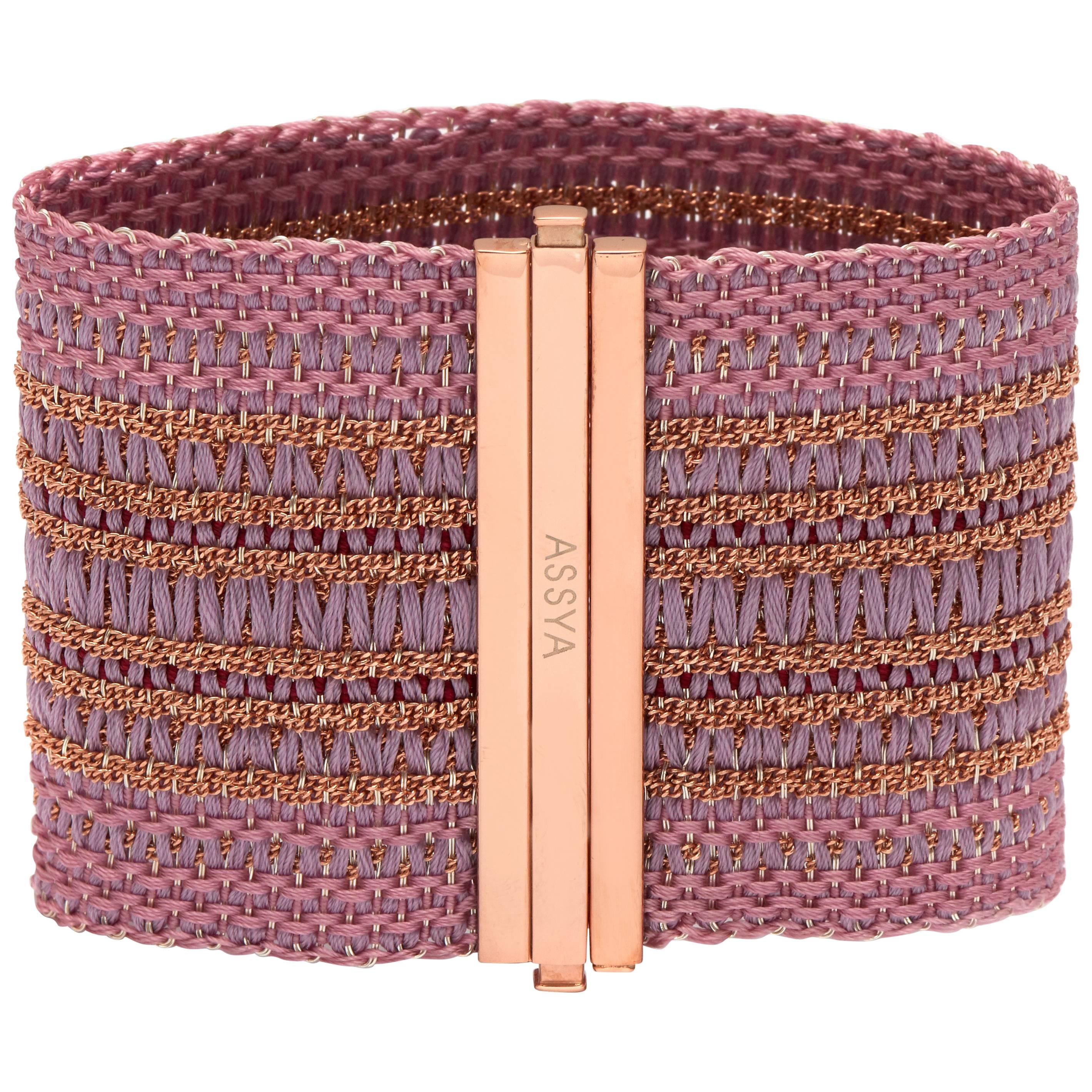 Rose Gold Vermeil and Pink & Lilac Silk Cuff Bracelet For Sale