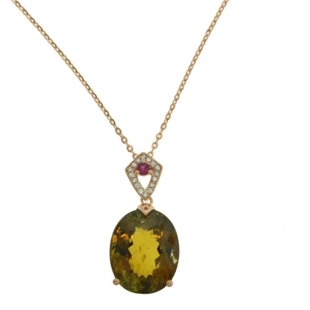 GIA Tourmaline Pendant Necklace with Diamonds and Rubies set in 18k Rose Gold For Sale 1
