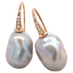 Rose Gold with Diamonds and Baroque South Seas Greys Pearls Drop Earrings