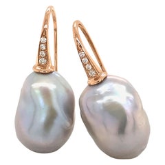 Rose Gold with Diamonds and Baroque South Seas Greys Pearls Drop Earrings