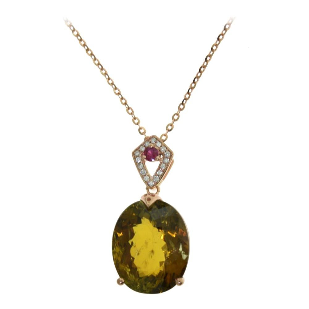 Collier pendentif en or rose 18 carats avec tourmaline certifiée GIA, diamants et rubis sertis
