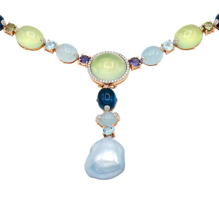 Rose Gold with Gemstones and Baroque South Sea Pearl Necklace For Sale ...