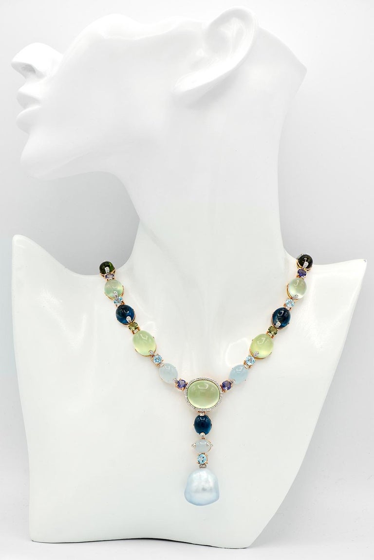 Rose Gold with Gemstones and Baroque South Sea Pearl Necklace For Sale ...