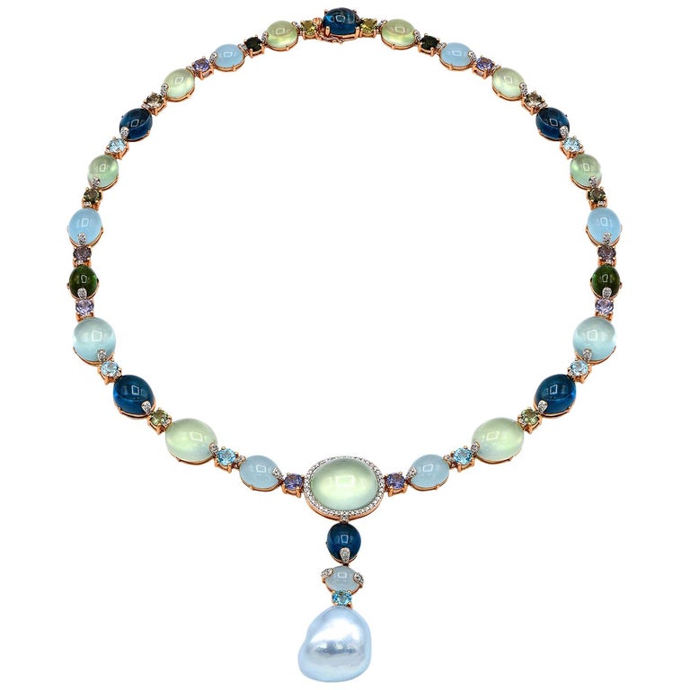 Rose Gold with Gemstones and Baroque South Sea Pearl Necklace For Sale ...