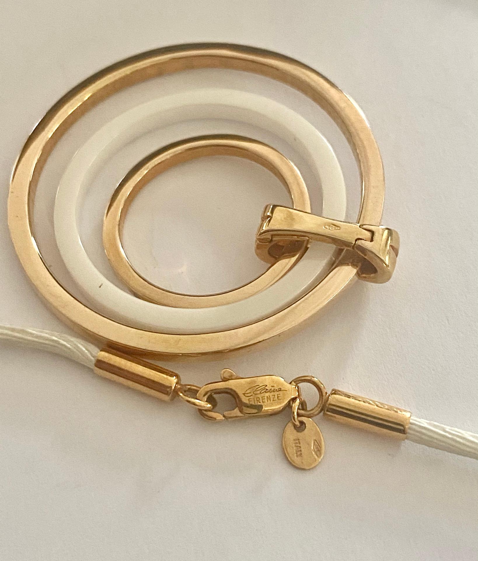 Women's or Men's Rose Gold with White Ceramic Ring Pendant, White Silk Necklace with Gold Clasp For Sale
