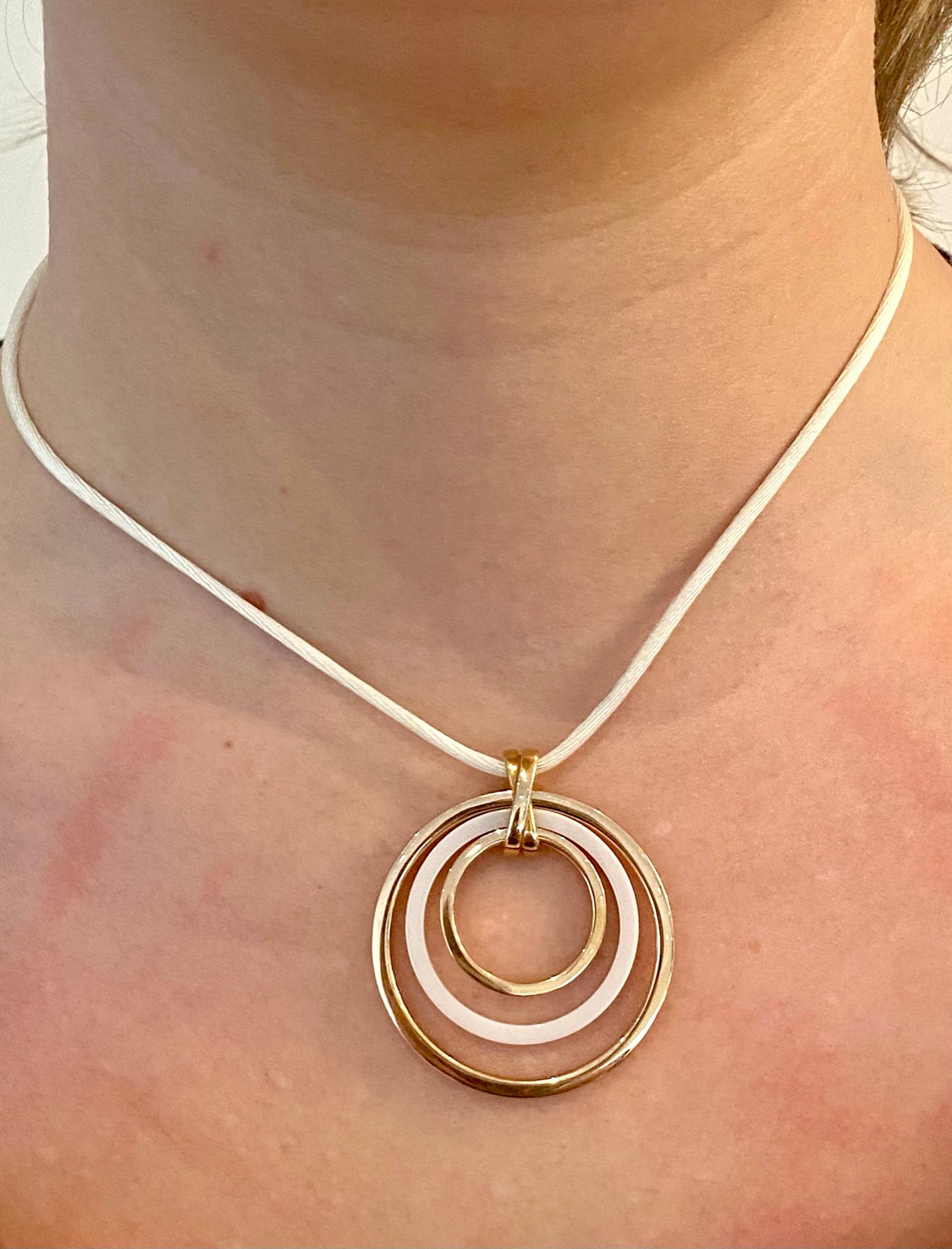 Rose Gold with White Ceramic Ring Pendant, White Silk Necklace with Gold Clasp For Sale 1