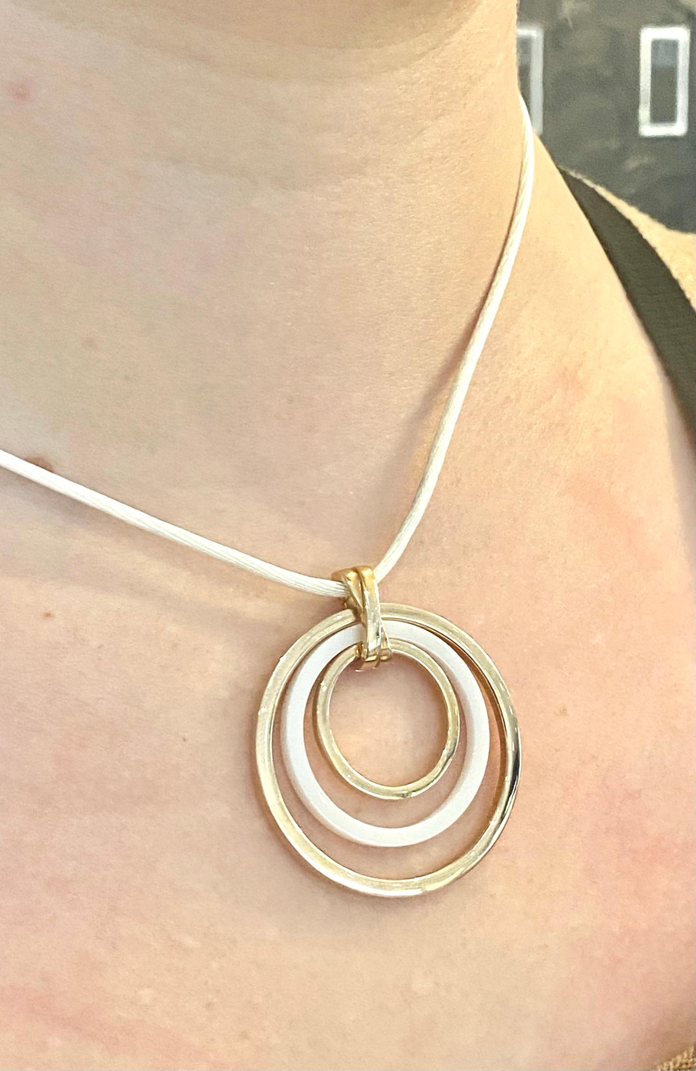 Rose Gold with White Ceramic Ring Pendant, White Silk Necklace with Gold Clasp For Sale 2