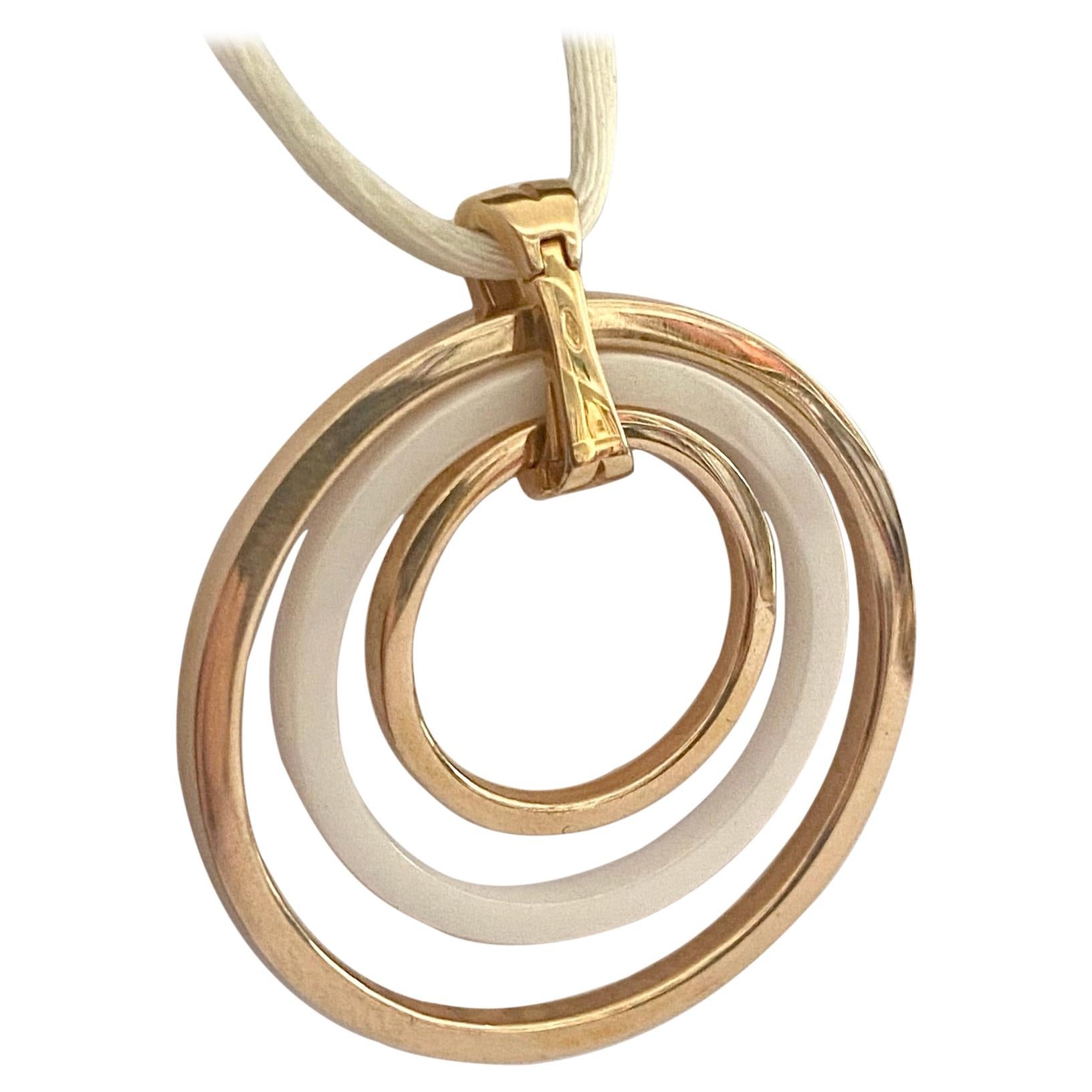 Rose Gold with White Ceramic Ring Pendant, White Silk Necklace with Gold Clasp For Sale