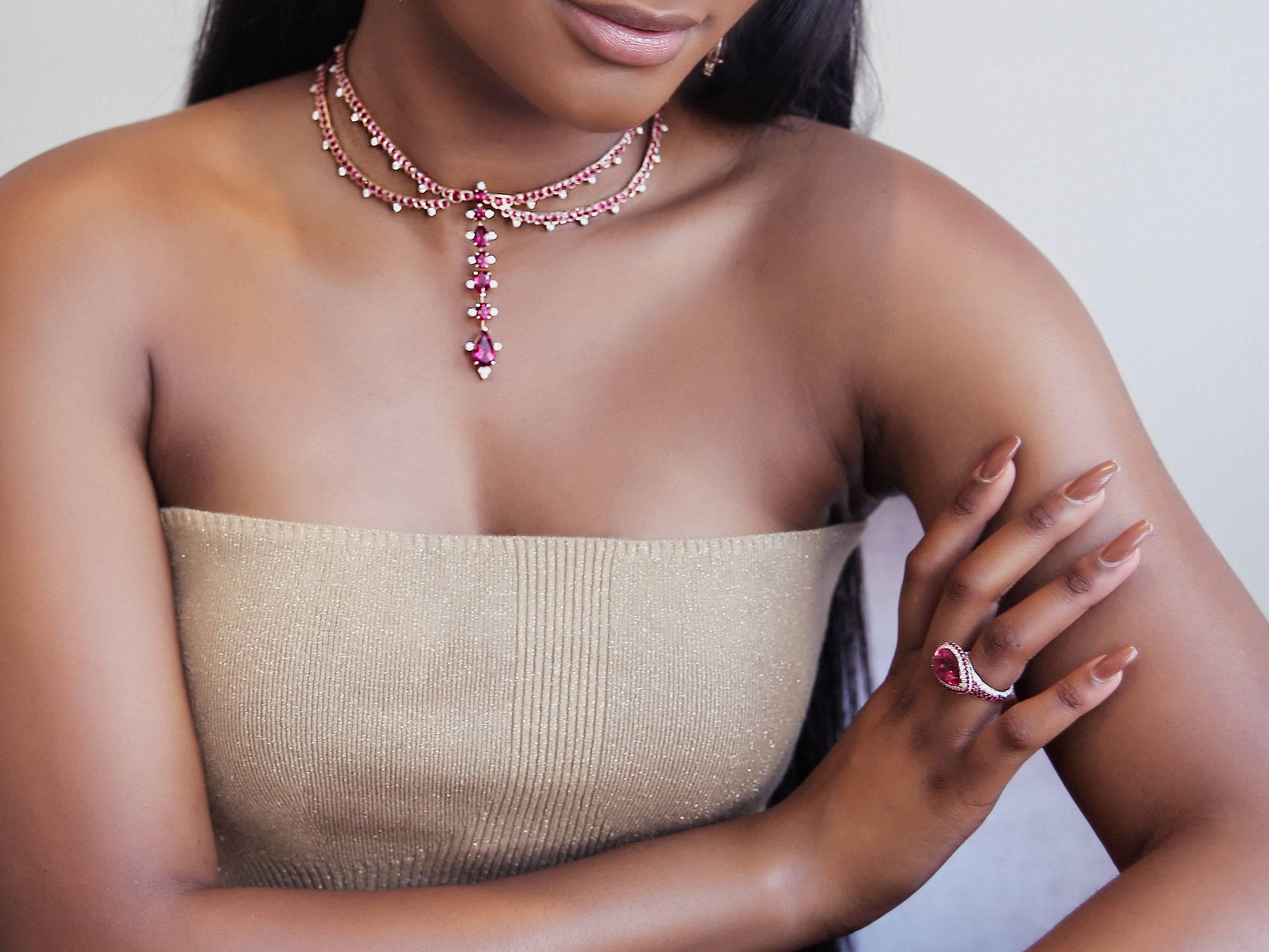 Rose Gold, White Diamonds Mozambican Ruby and Rubellite Choker Necklace 1