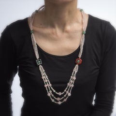 Rose Green Quartz Onyx Agate Long Necklace Estate Vintage Jewelry