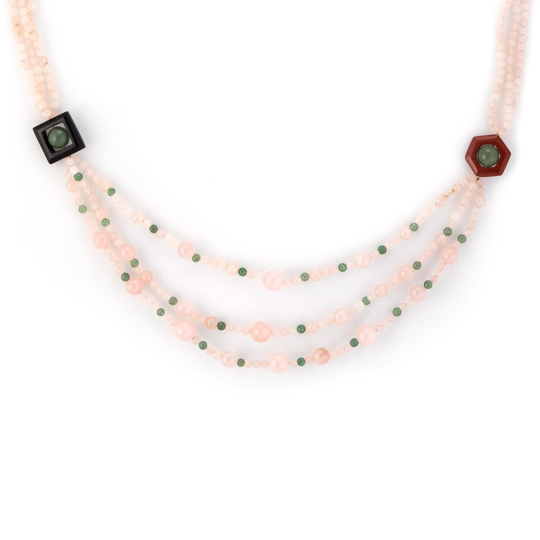 Modern Rose Green Quartz Onyx Agate Long Necklace Estate Vintage Jewelry For Sale