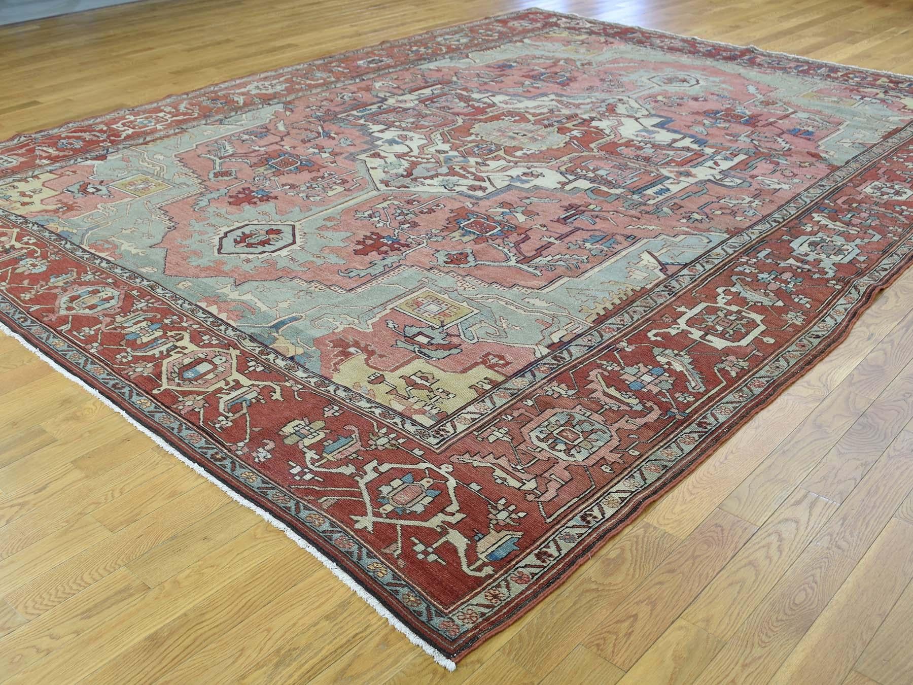 Hand-Knotted Rose/Green/Red 1880 Antique Persian Serapi Rug