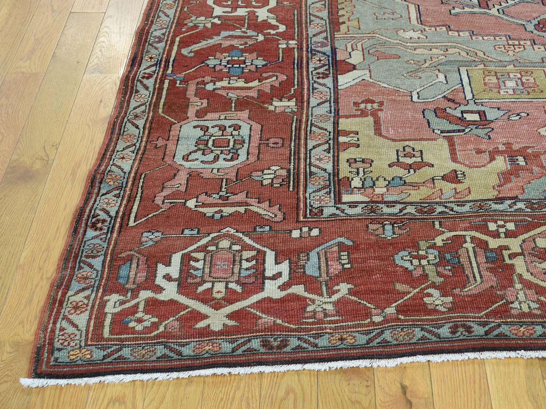 Late 19th Century Rose/Green/Red 1880 Antique Persian Serapi Rug
