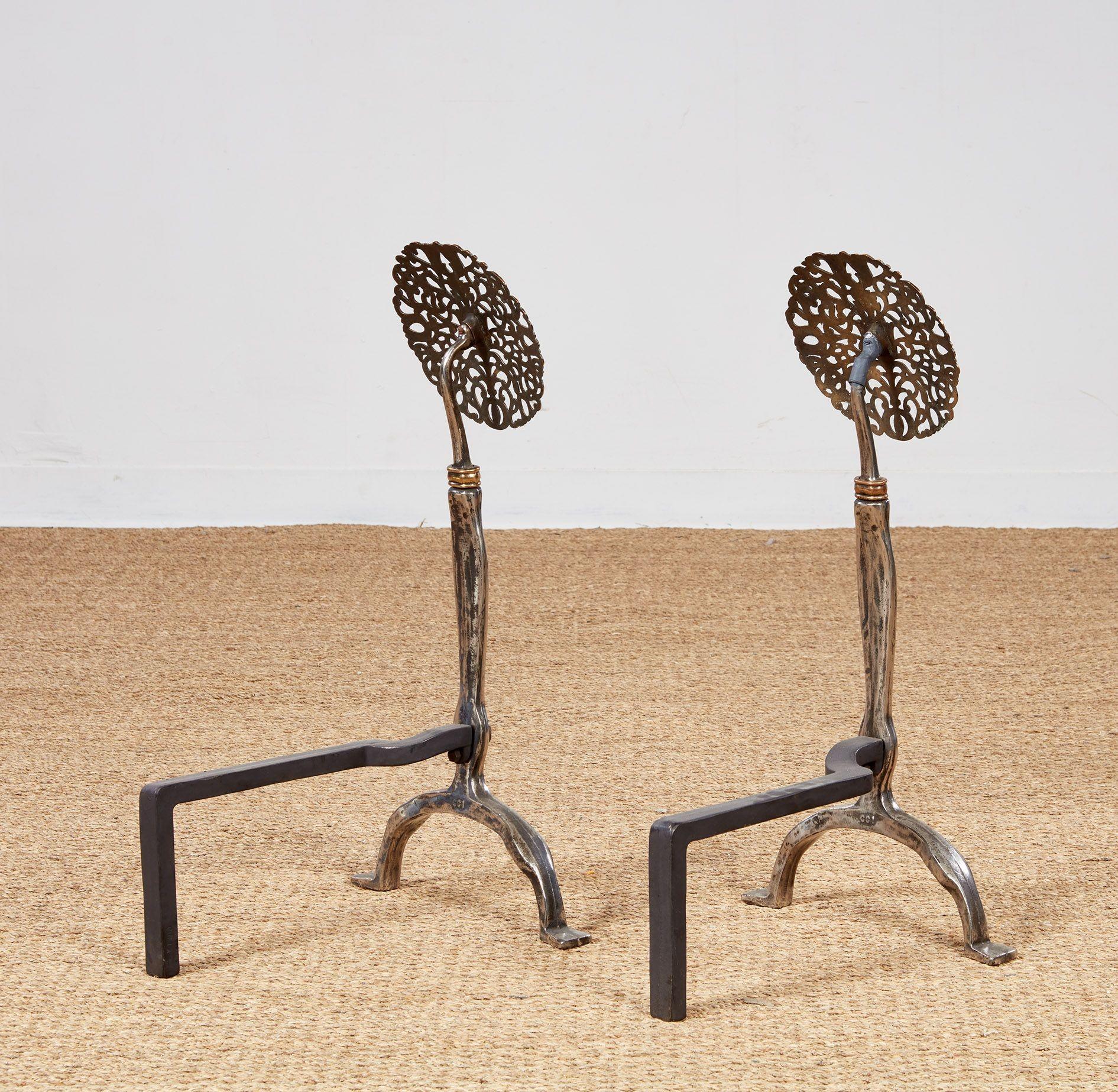 Rose Head Brass and Steel Andirons For Sale 5