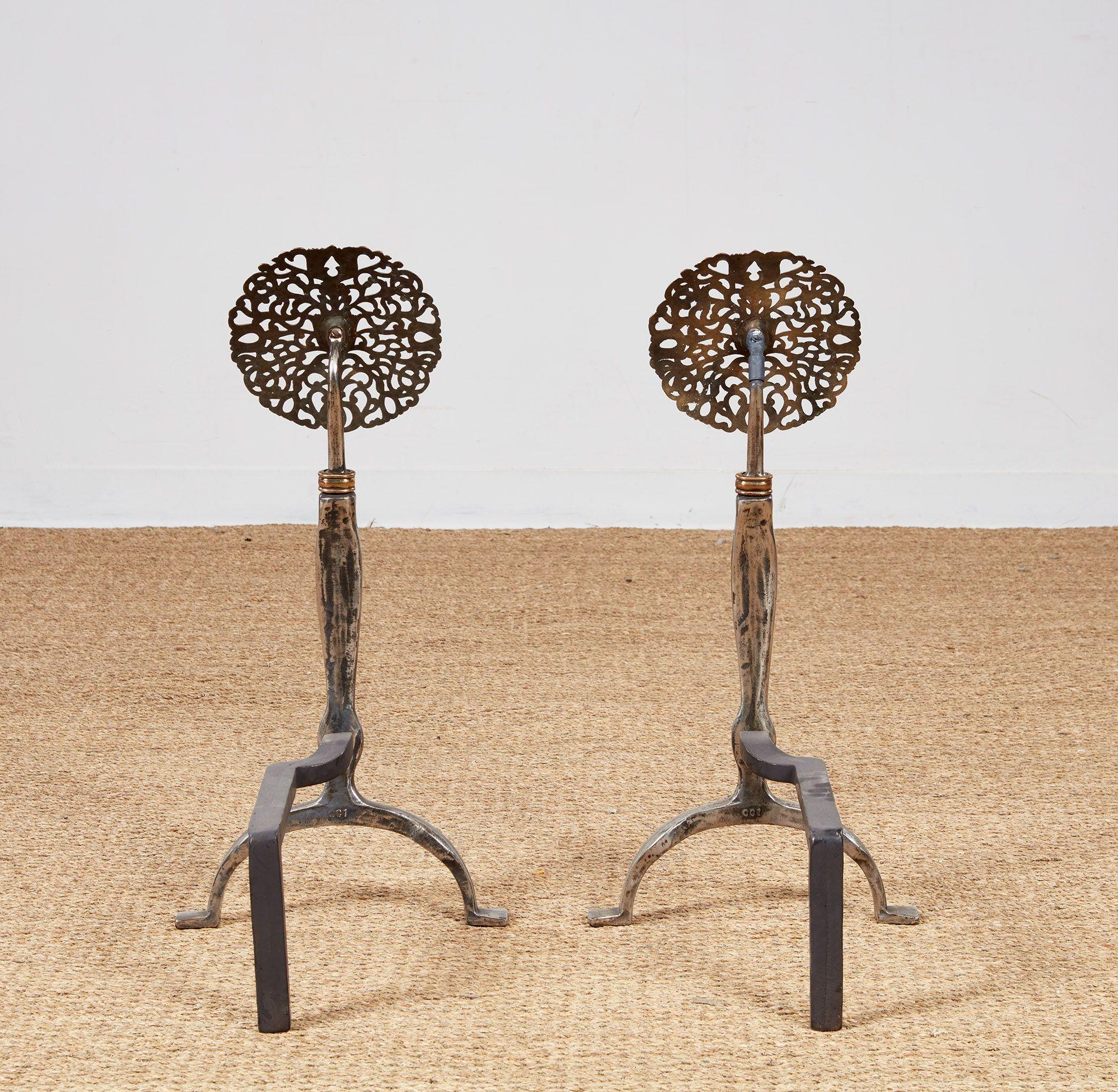 Rose Head Brass and Steel Andirons For Sale 6