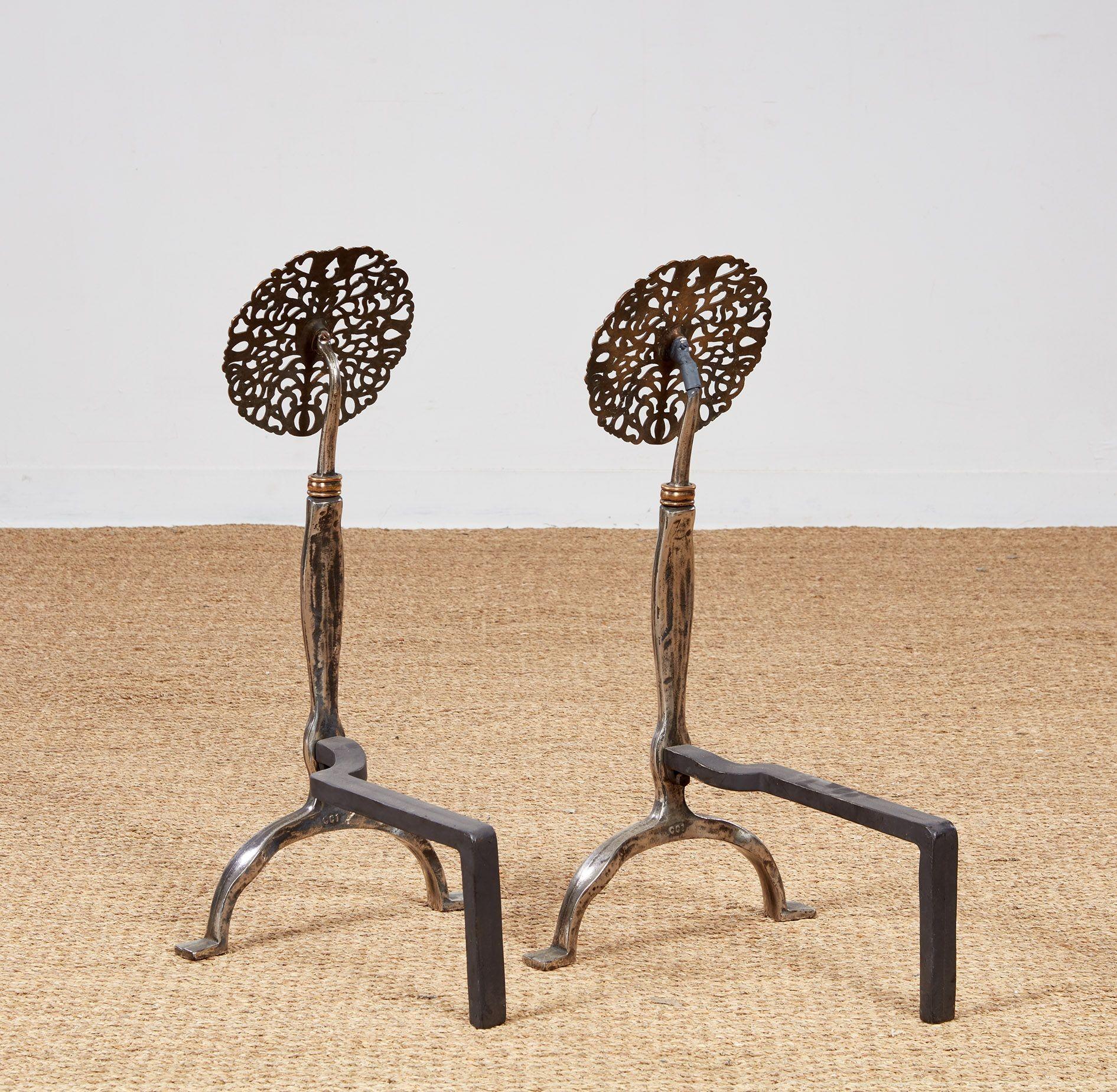 Rose Head Brass and Steel Andirons For Sale 7
