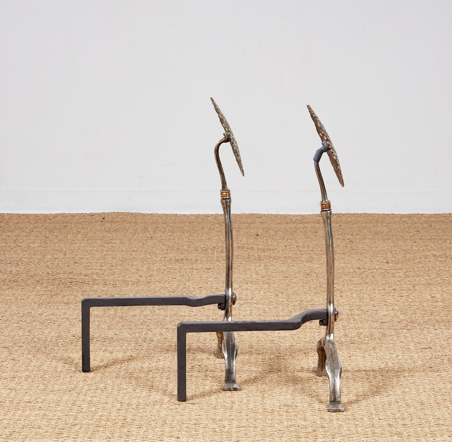 Rose Head Brass and Steel Andirons For Sale 3