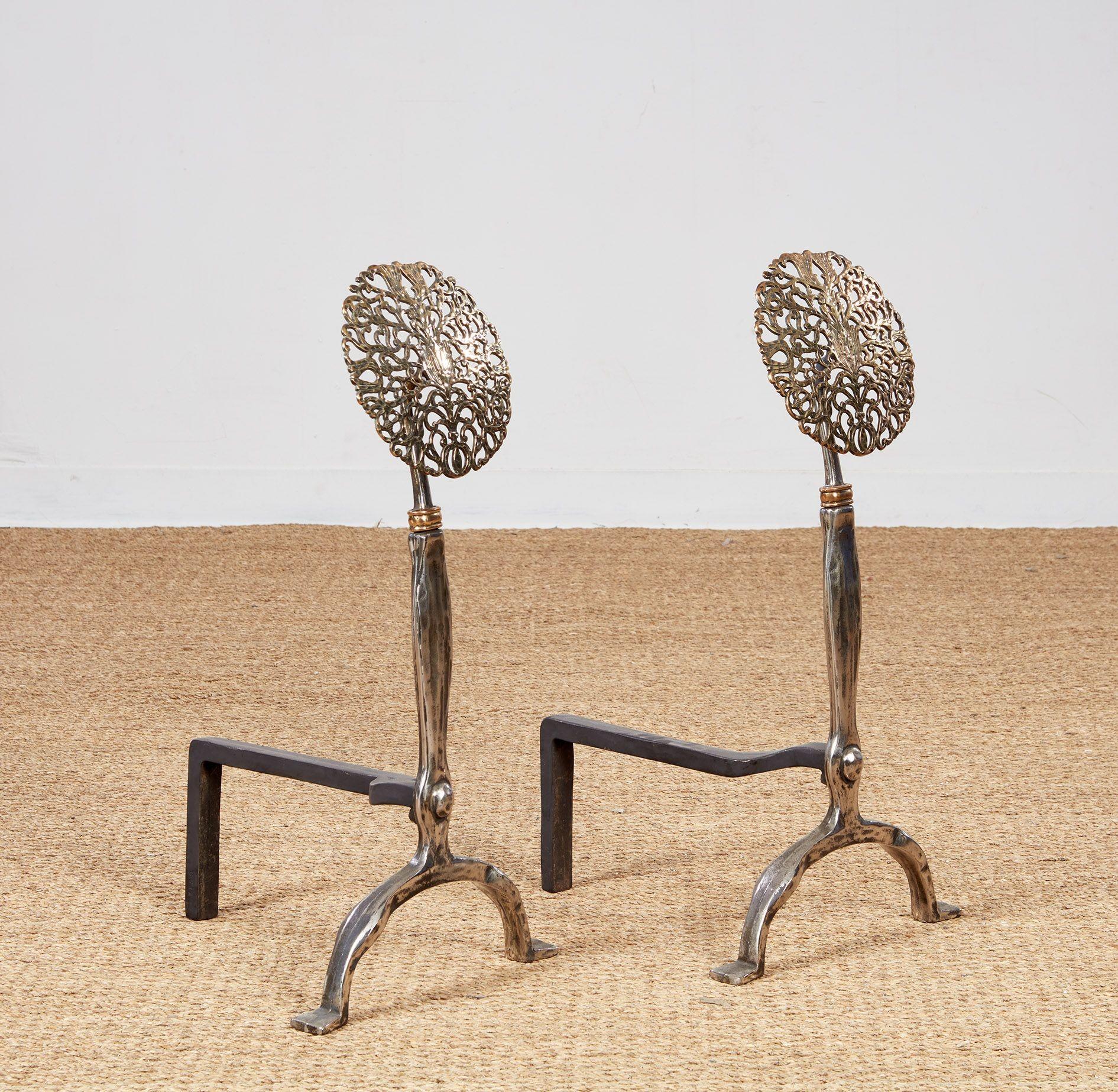 Rose Head Brass and Steel Andirons For Sale 4