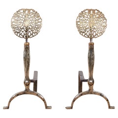 Rose Head Brass and Steel Andirons