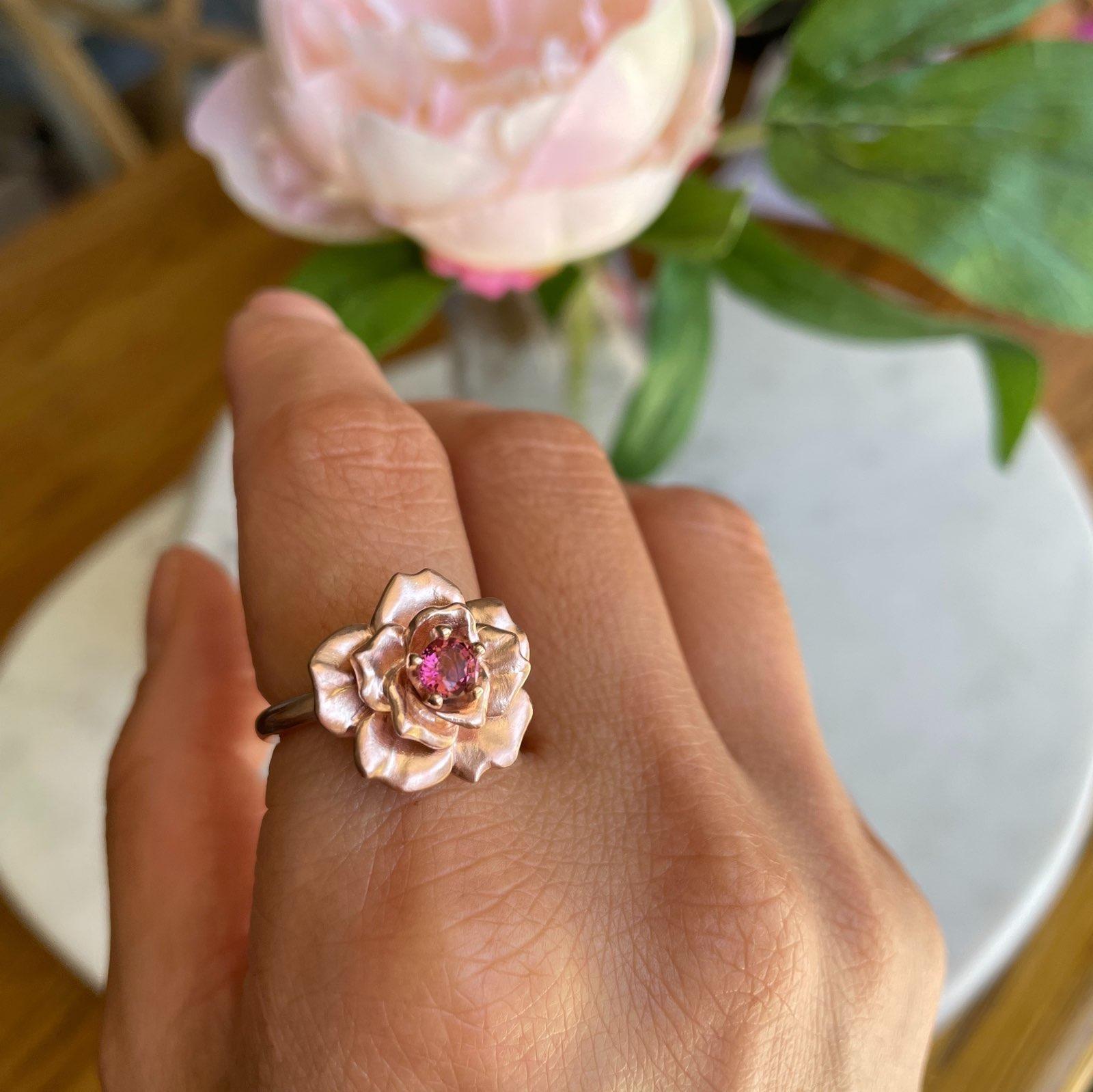 For Sale:  Rose in Bloom Ring/ 9CT Rose Gold, Pink Tourmaline 6