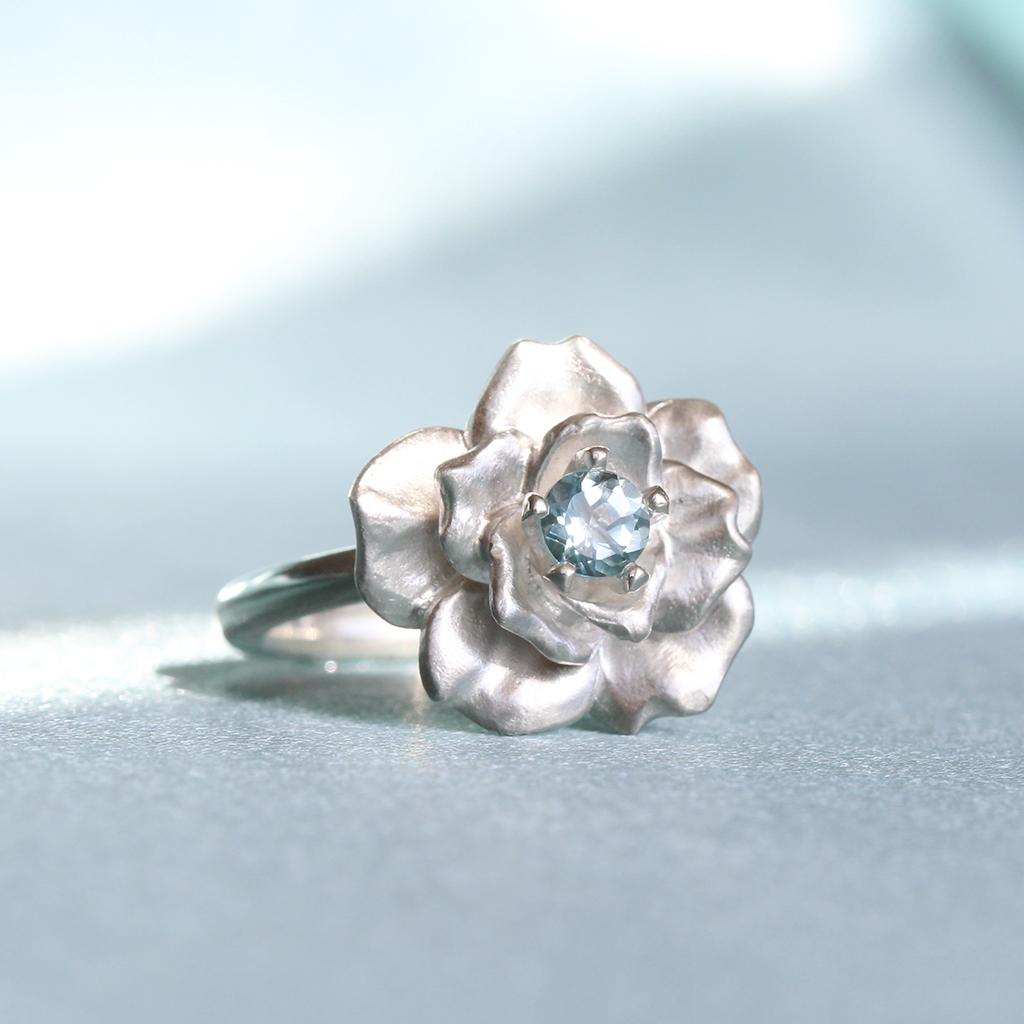 For Sale:  Rose in Bloom Ring/ Aquamarine 5