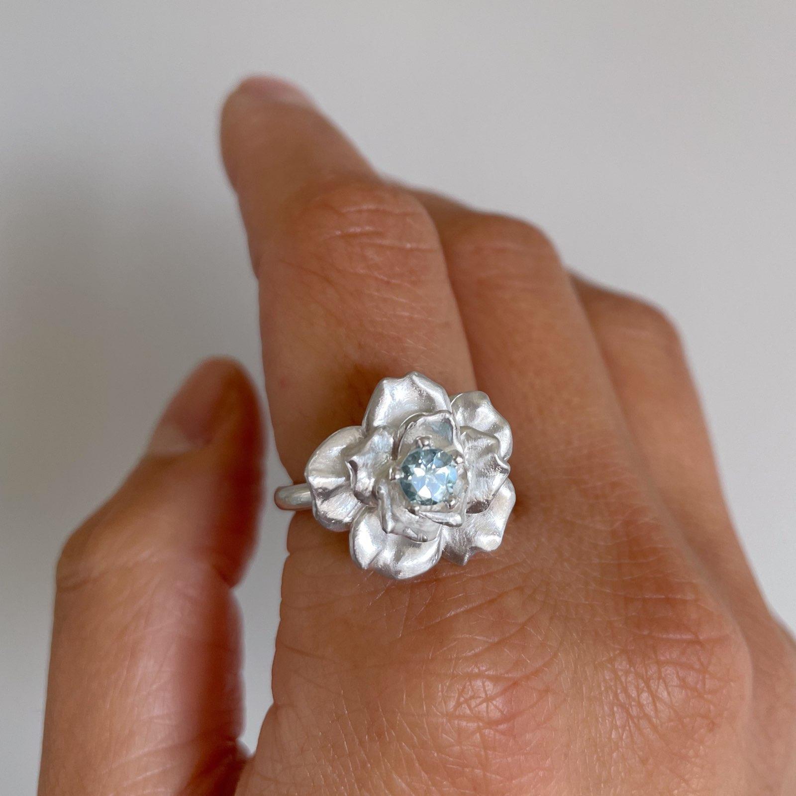 For Sale:  Rose in Bloom Ring/ Aquamarine 7