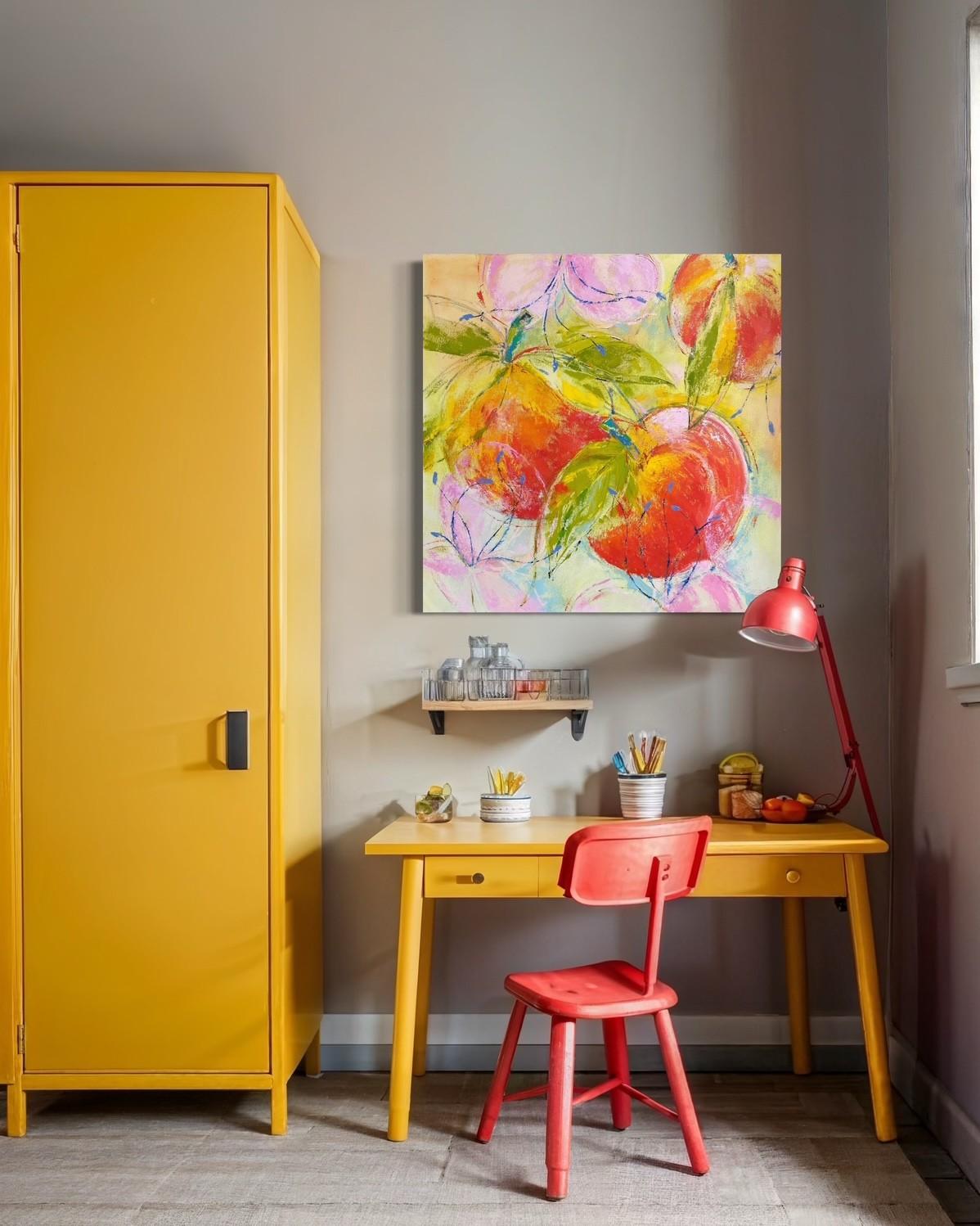 Three Apples and Blossoms 36 X 36 - Painting by Rose James