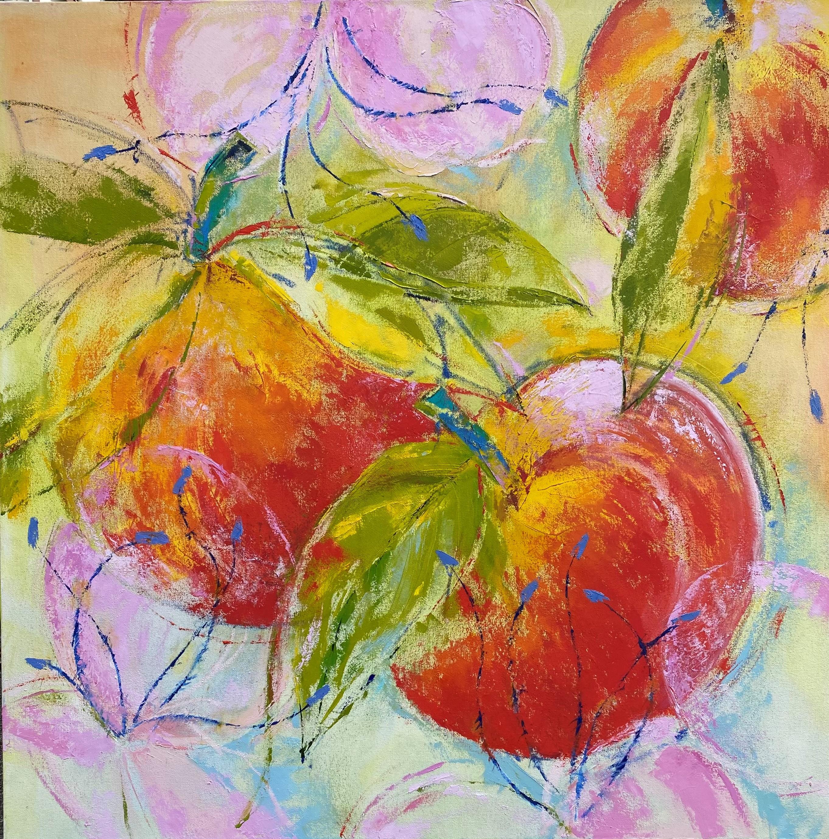 Rose James Abstract Painting - Three Apples and Blossoms 36 X 36