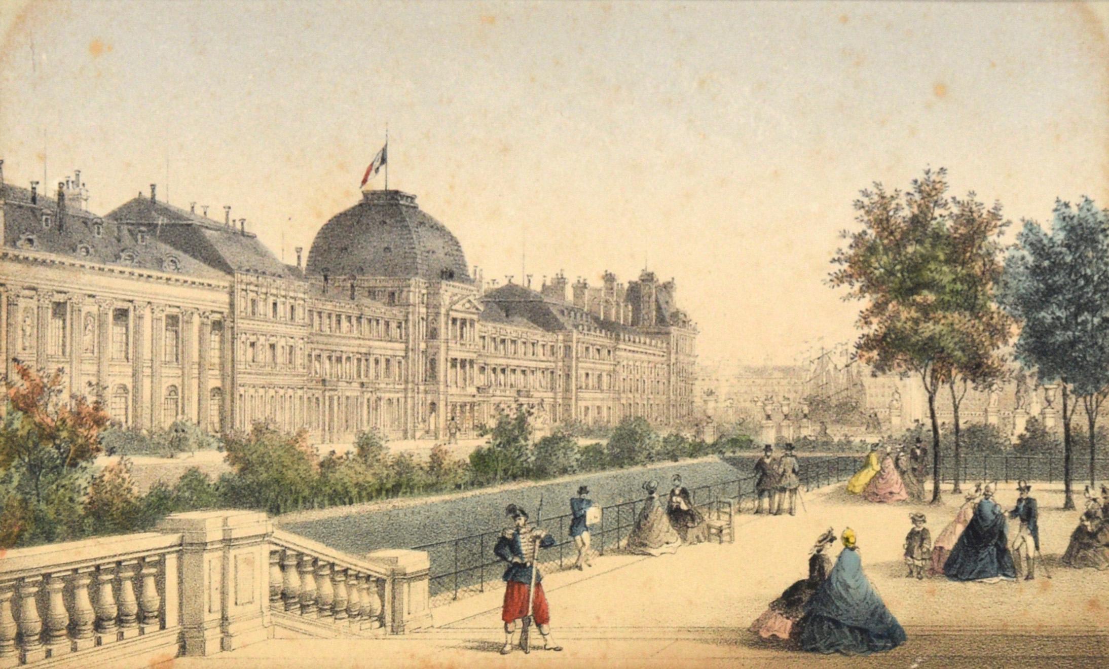 Les Tuileries, Paris - Hand Colored Lithograph 1845-1860 - Print by Rose-Joseph Lemercier 