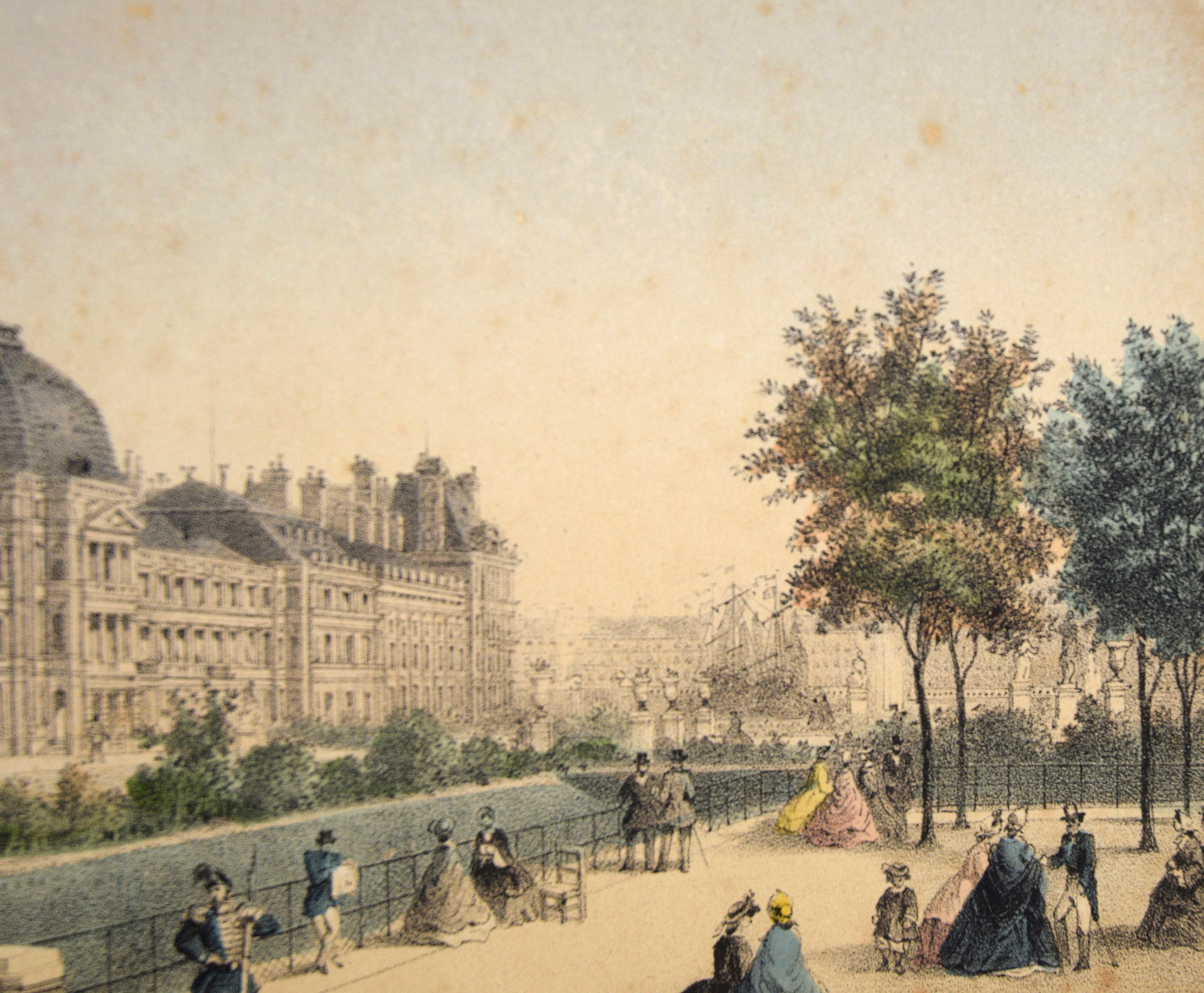 Les Tuileries, Paris - Hand Colored Lithograph 1845-1860 - Romantic Print by Rose-Joseph Lemercier 